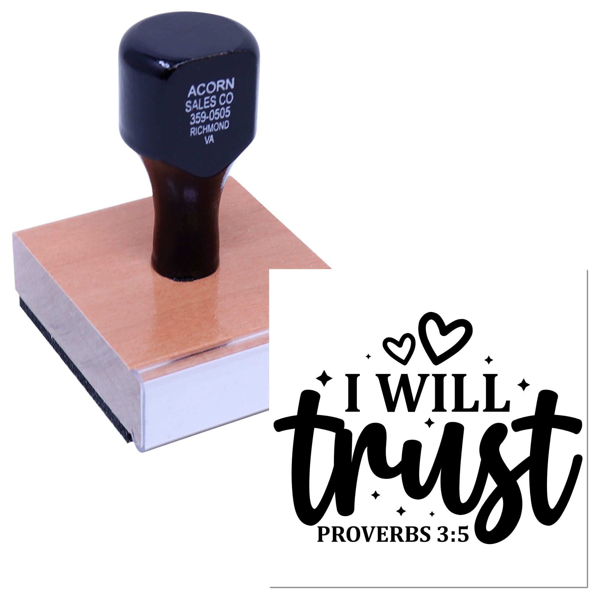 Custom rubber stamp with I Will Trust Proverbs 3:5 faith design and heart accents for inspirational cards and crafts.