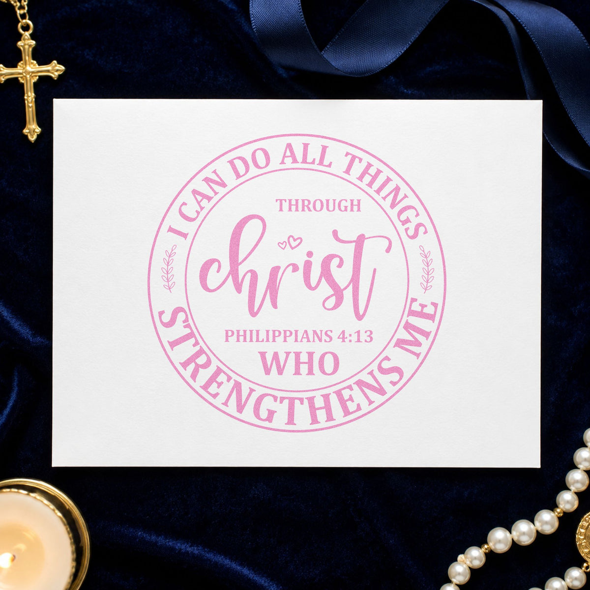 Christ Strengthens Me Circle craft stamp in purple ink on cardstock, an easy option for medal ribbon tags.