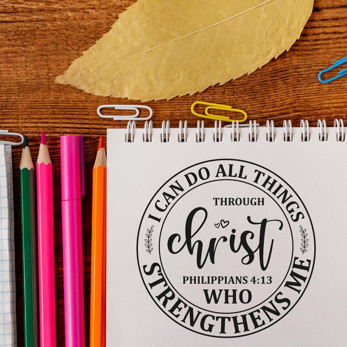 I Can Do All Things Through Christ Who Strengthens Me Stamp - Premium Vintage Pro Wooden imprint stamped in brown ink. A circular design reads "I can do all things through Christ who strengthens me," with Philippians 4:13.