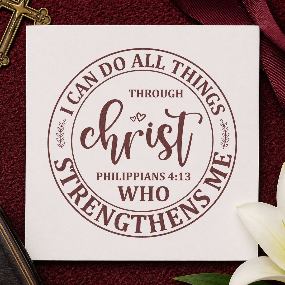 Christ Strengthens Me Circle rubber stamp printed in brown ink, ready for race day pages and similar paper crafts.