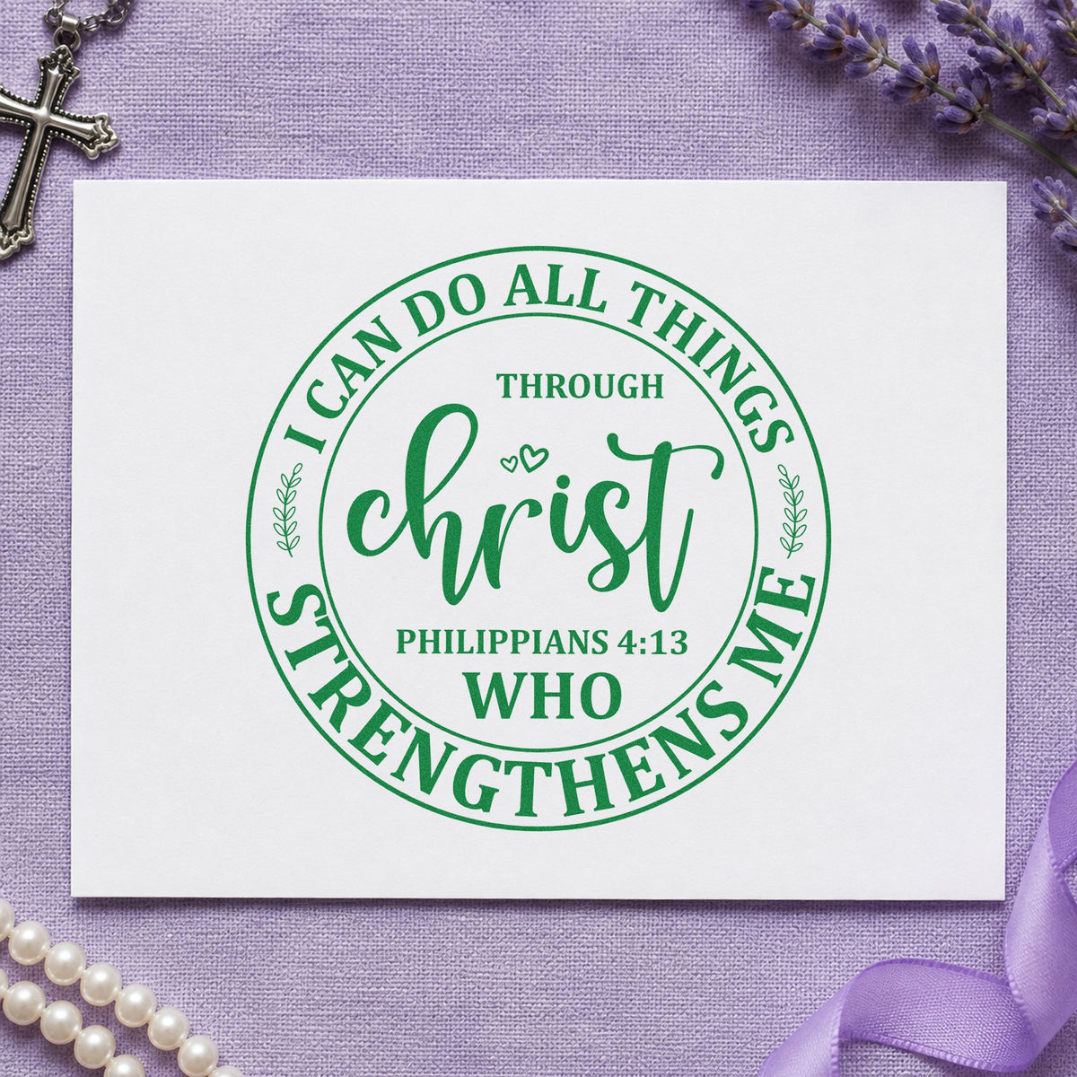 Christ Strengthens Me Circle craft stamp imprint in green ink on a handmade project, one idea being framed locker room art.