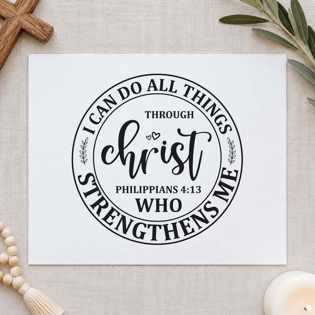 Christ Strengthens Me Circle rubber stamp printed in black ink, ready for circle strength cards and similar paper crafts.