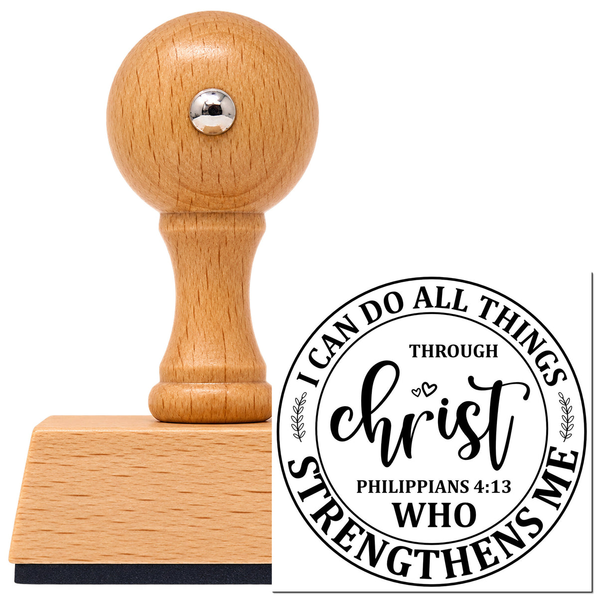 I Can Do All Things Through Christ Who Strengthens Me Vintage Pro rubber stamp in European beech wood with a round knob handle, shown beside its black imprint.
