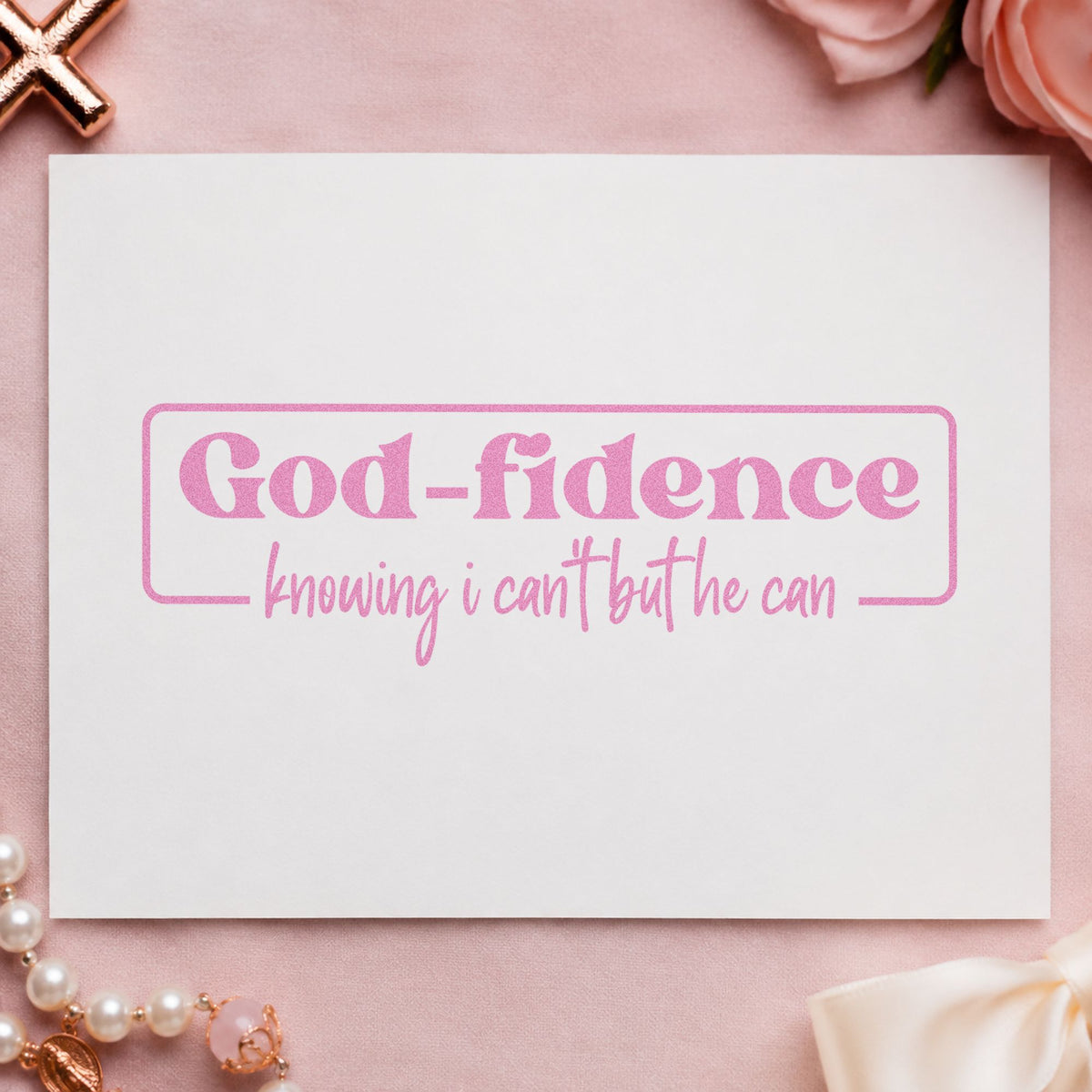 Godfidence Knowing Badge craft stamp in purple ink on cardstock, an easy option for first job gifts.