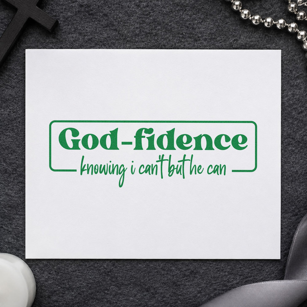 Godfidence Knowing Badge craft stamp imprint in green ink on a handmade project, one idea being test day notes.
