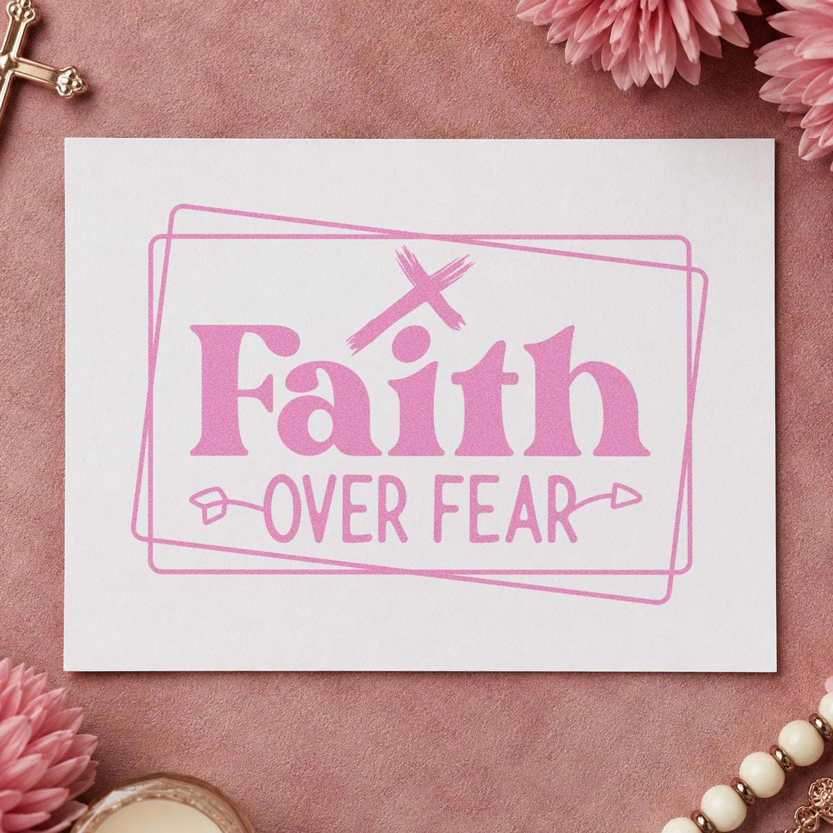 Faith over Fear Double Frame craft stamp in purple ink on cardstock, an easy option for chemo kit tags.