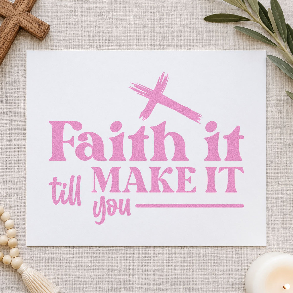 Faith It Till You Make It craft stamp in purple ink on cardstock, an easy option for new job gifts.