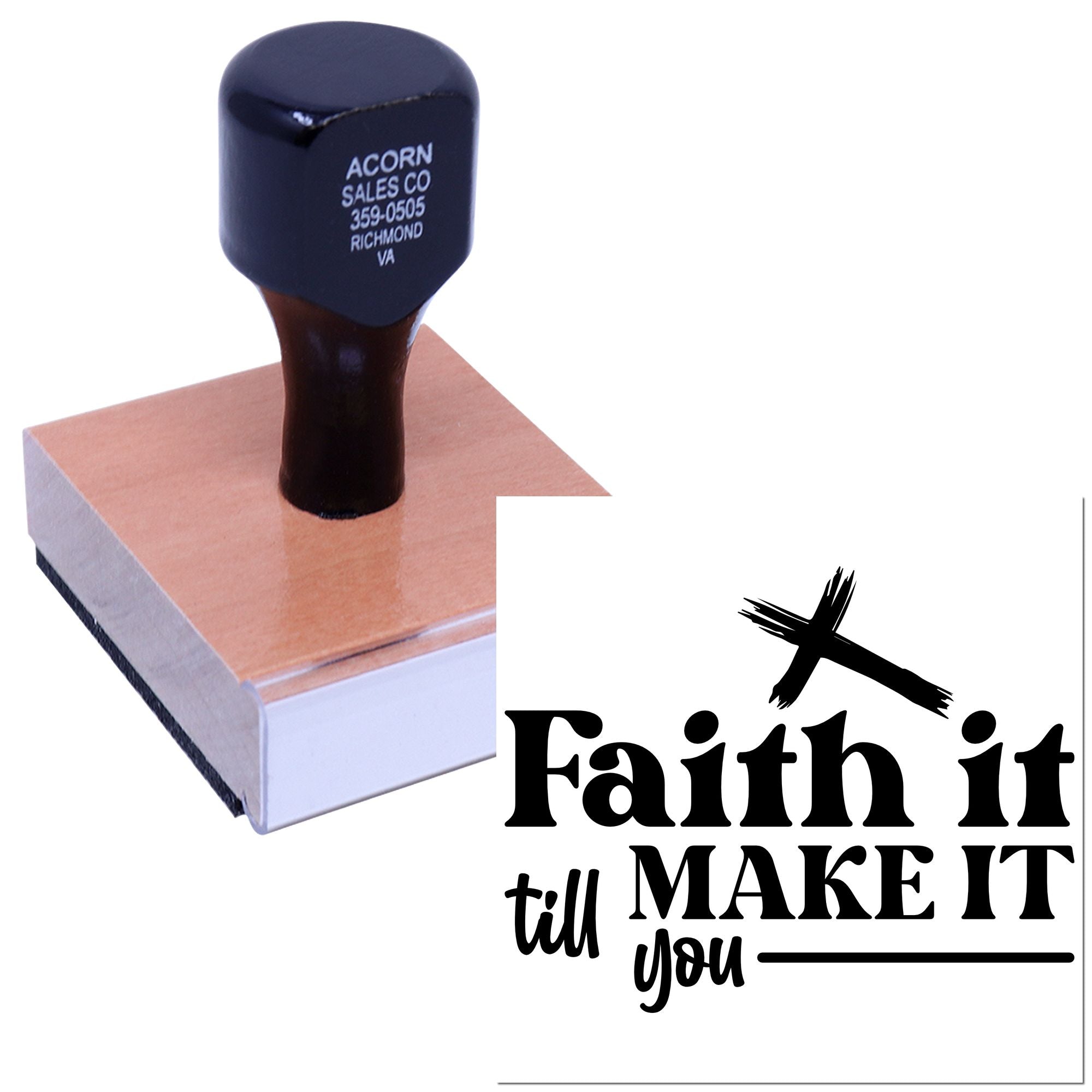 Custom rubber stamp with inspirational Faith It Till Make It design for faith-based crafts and business branding.