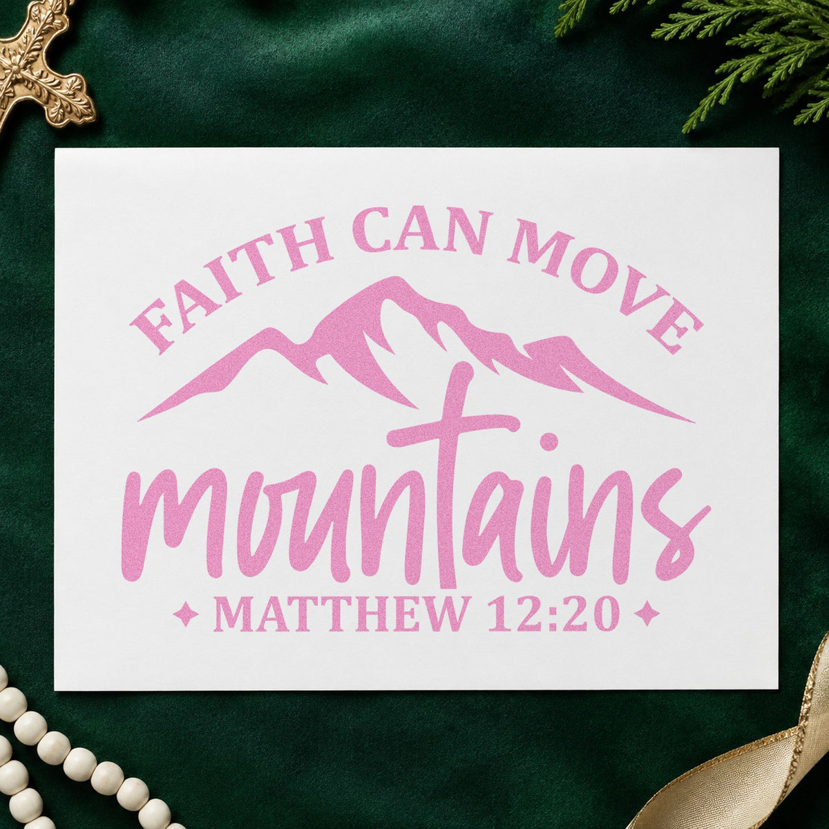 Faith Moves Mountains Peaks craft stamp in purple ink on cardstock, an easy option for church camp tees.