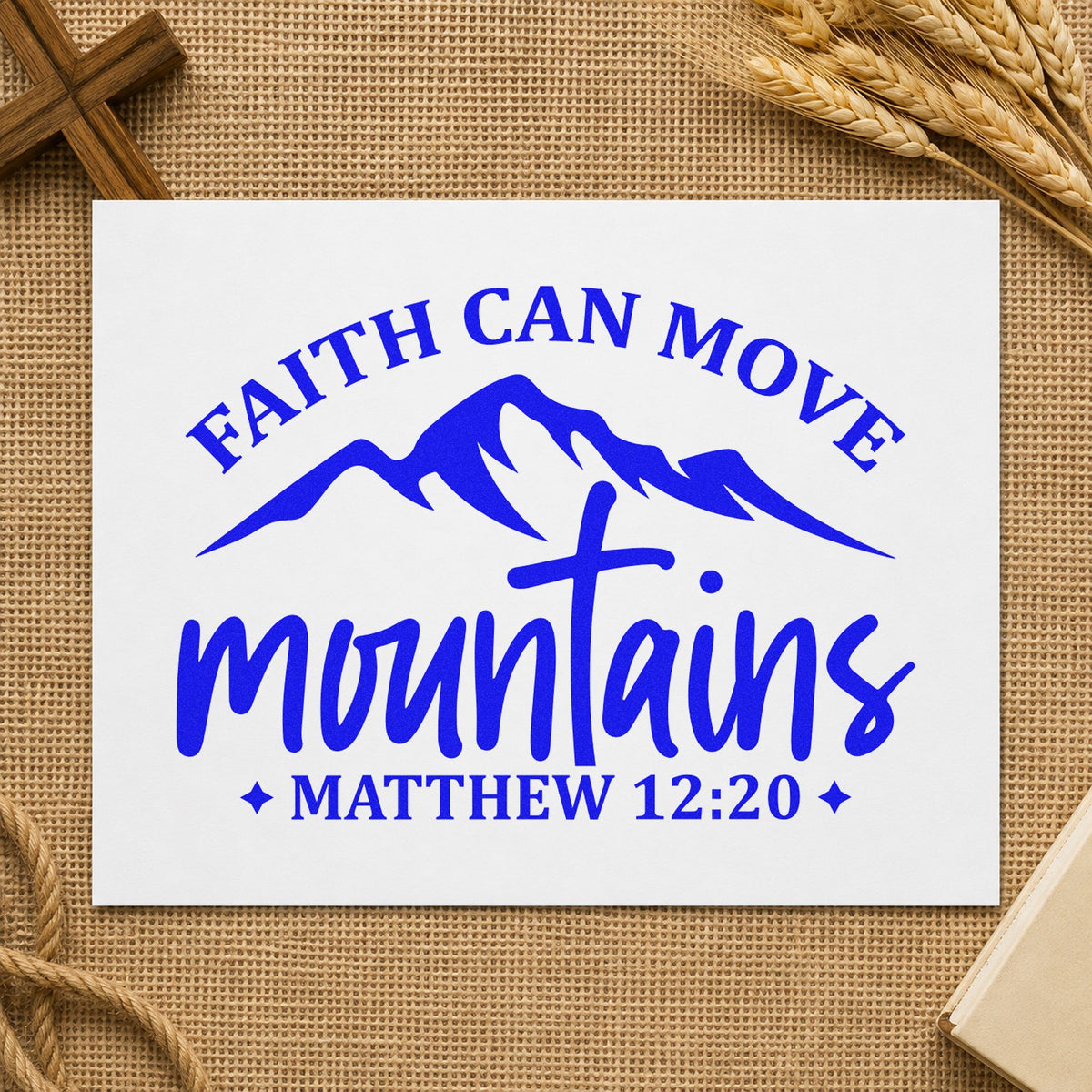 Faith Moves Mountains Peaks craft stamp in blue ink on cardstock, an easy option for canvas totes.