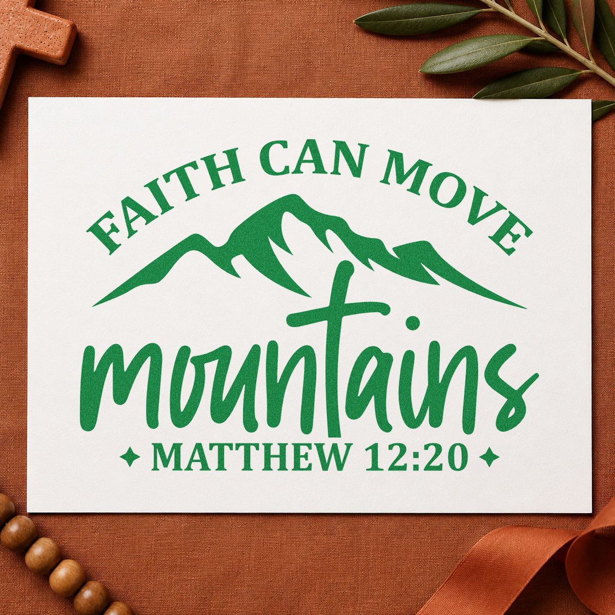 Faith Moves Mountains Peaks craft stamp imprint in green ink on a handmade project, one idea being framed lodge art.