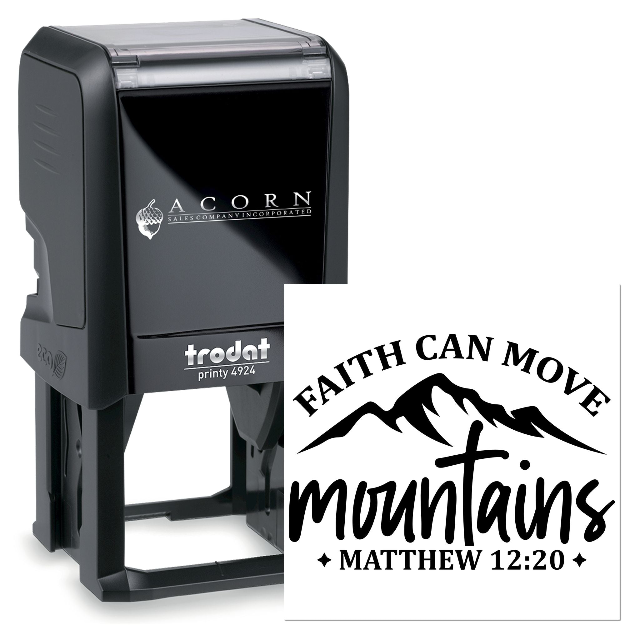 Trodat custom self-inking rubber stamp with logo and Faith Can Move Mountains Matthew 12:20 design for business branding.