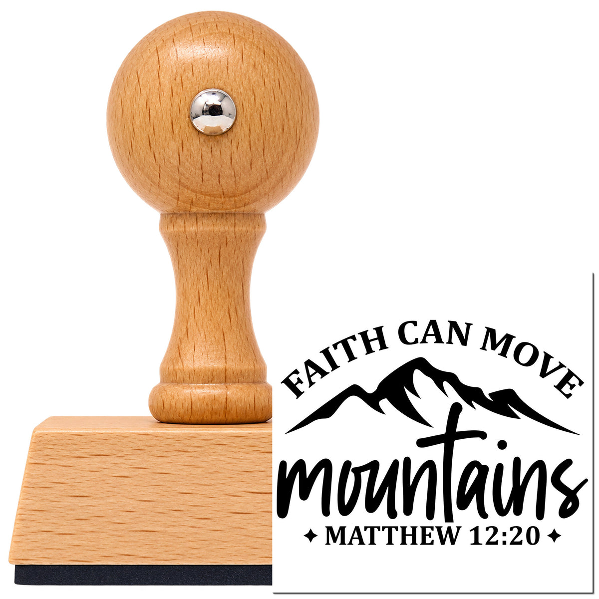Faith Moves Mountains Peaks Arch Vintage Pro rubber stamp in European beech wood with a round knob handle, shown beside its black imprint.