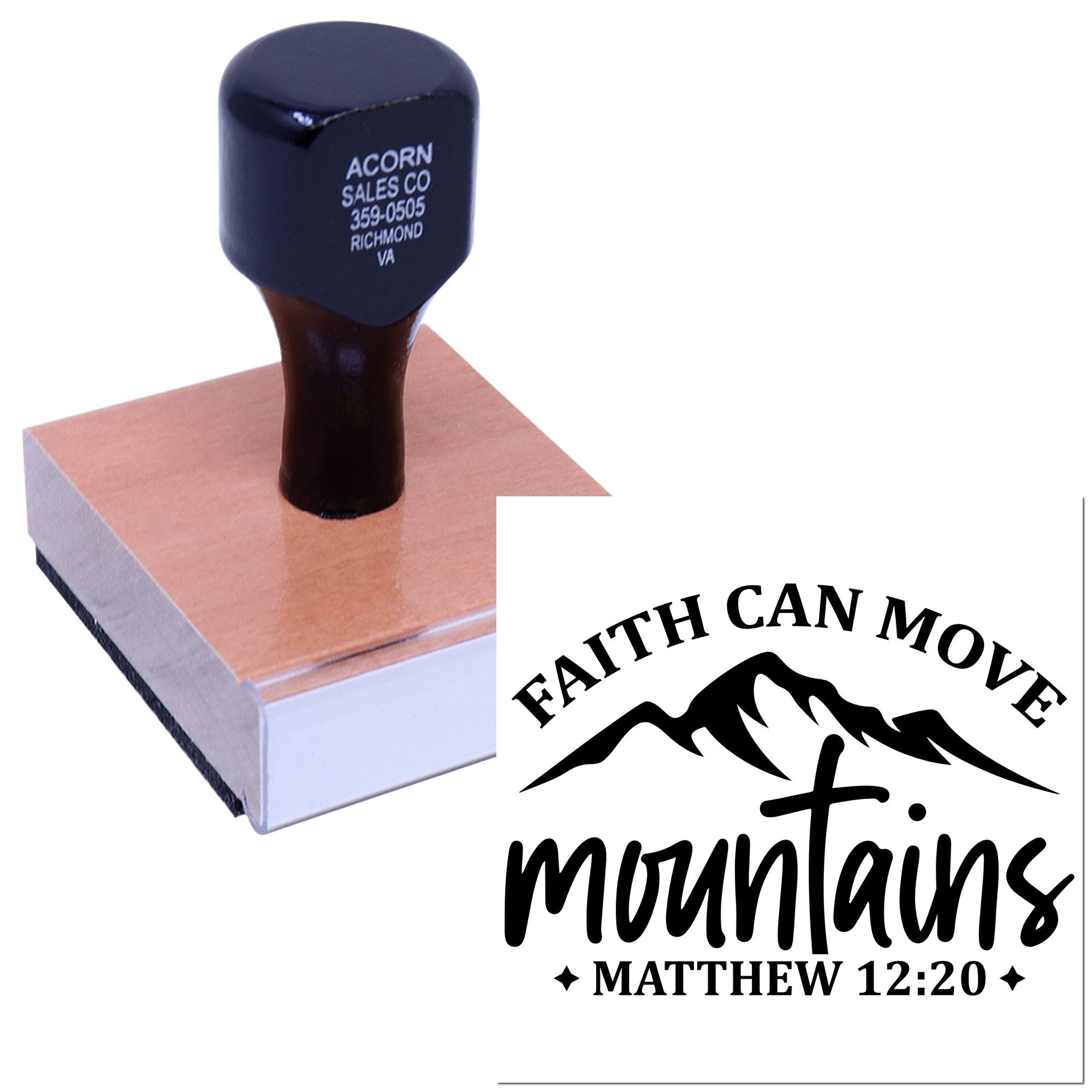 Custom rubber stamp with Faith Can Move Mountains Matthew 12:20 design for Christian crafts, church, and branding.
