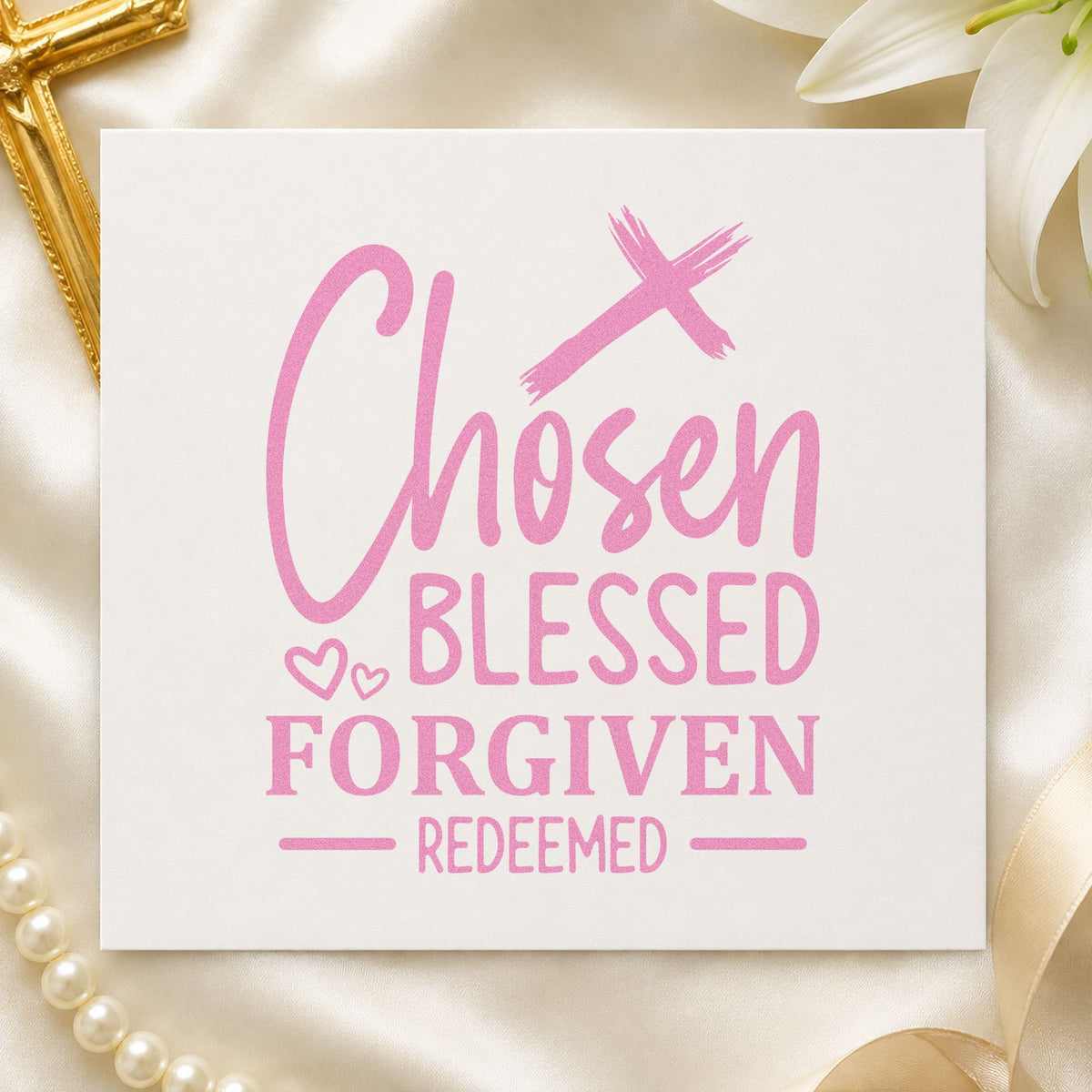 Chosen Blessed Forgiven Redeemed Cross craft stamp in purple ink on cardstock, an easy option for baptism gifts.