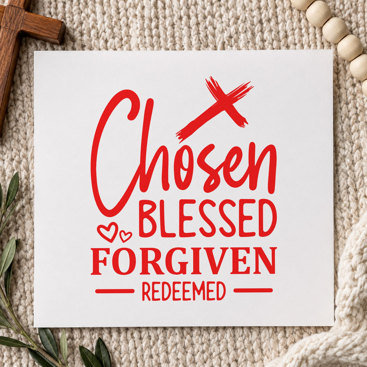 Chosen Blessed Forgiven Redeemed Cross rubber stamp shown in red ink, stamped for projects such as journal cover stamping.