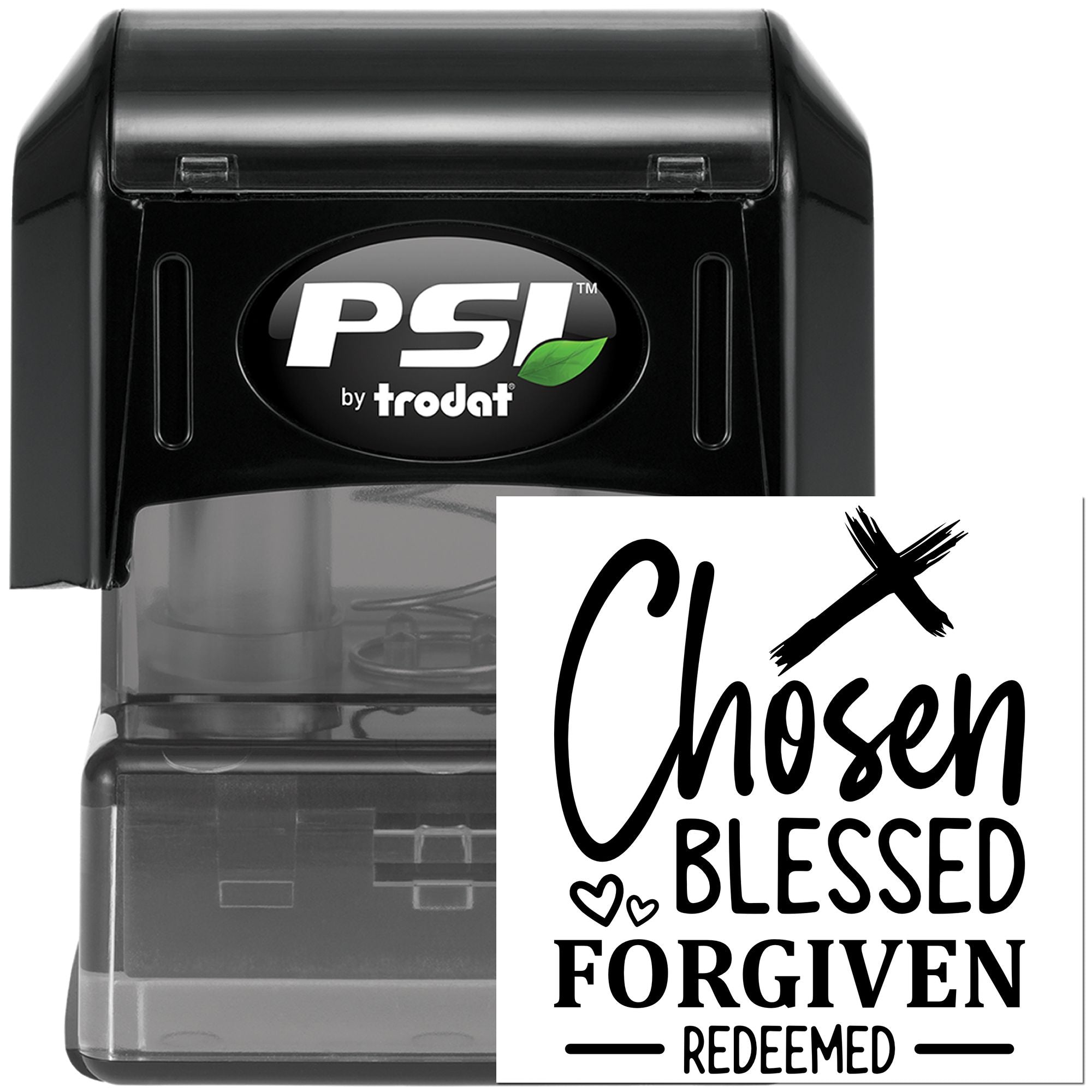 Self-inking rubber stamp by PSI Trodat with Christian text imprint: Chosen, Blessed, Forgiven, Redeemed.
