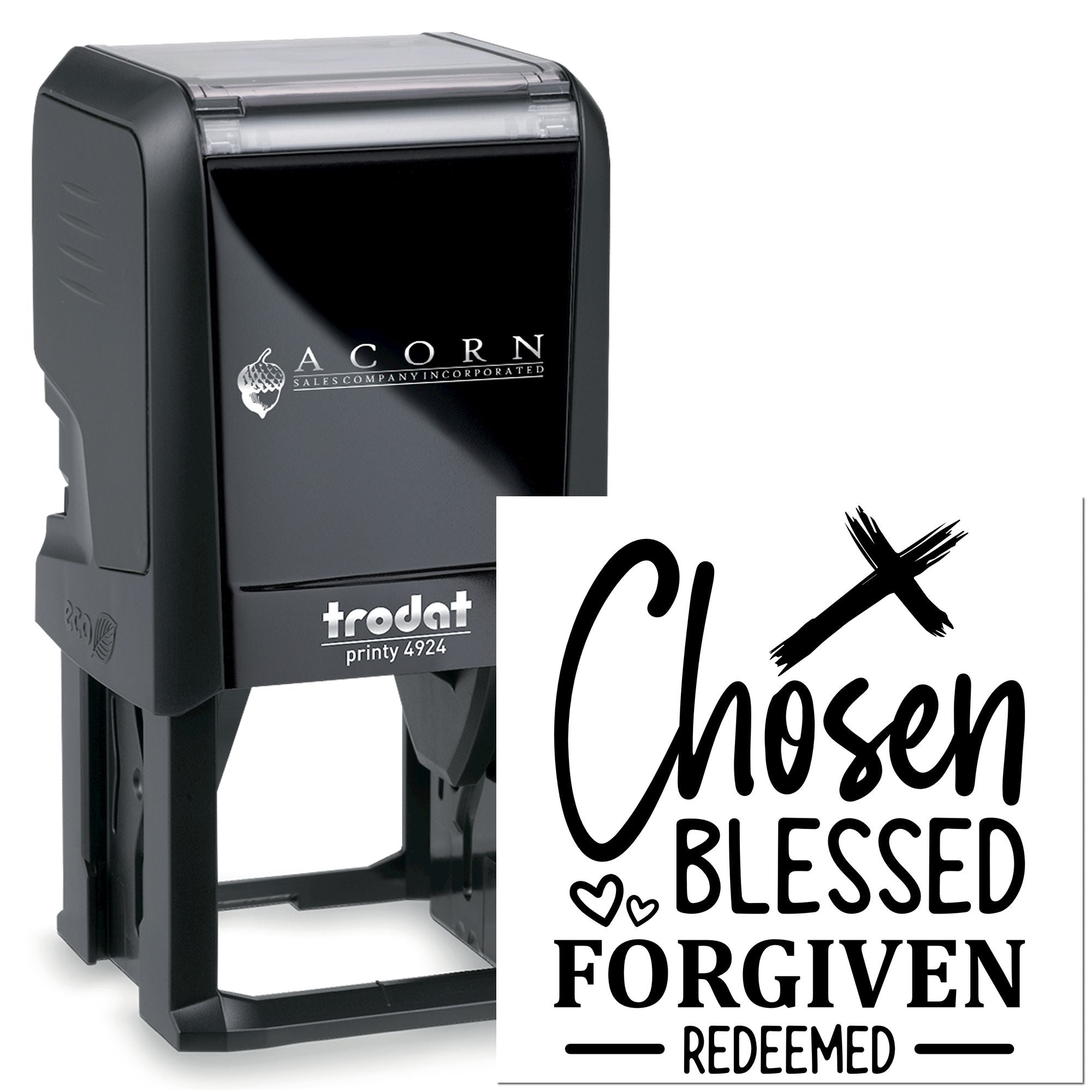Self-inking Trodat Printy 4924 Christian rubber stamp with Chosen Blessed Forgiven Redeemed custom design.