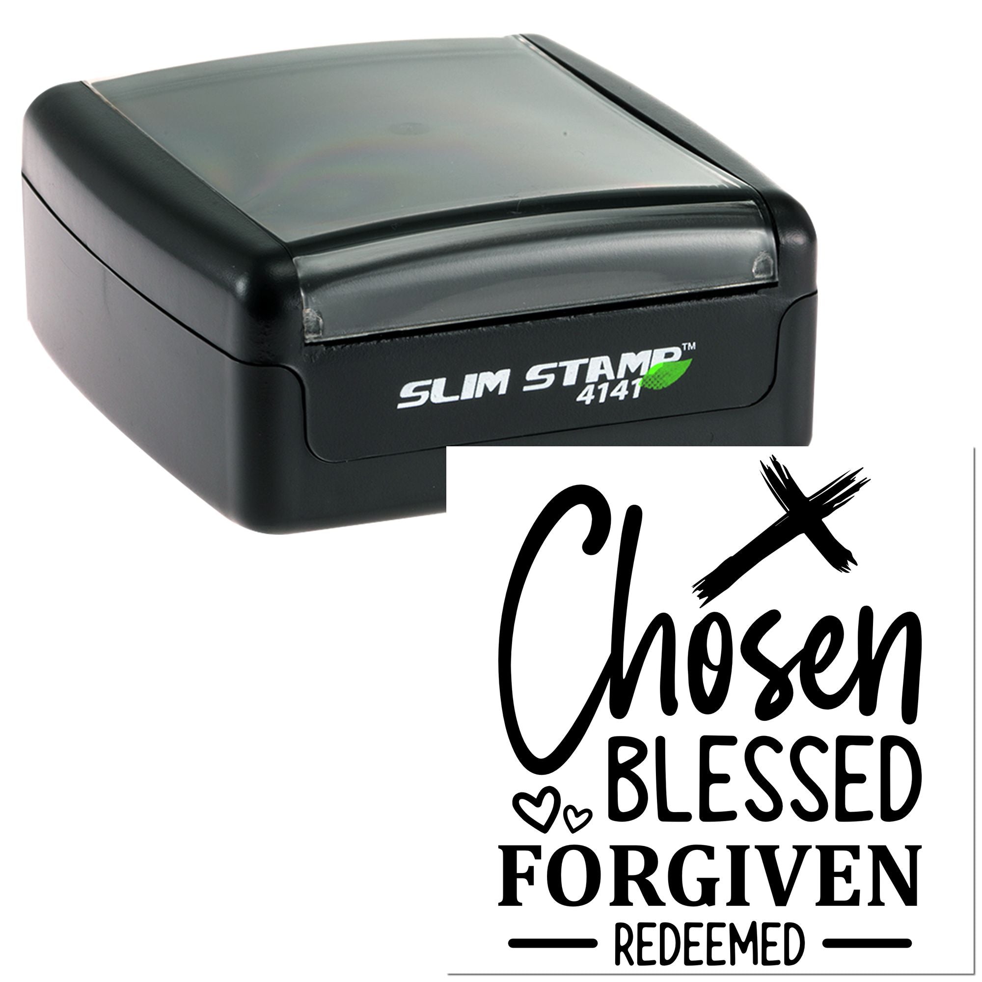 Self-inking rubber stamp with Chosen, Blessed, Forgiven, Redeemed religious design for inspirational branding and crafts