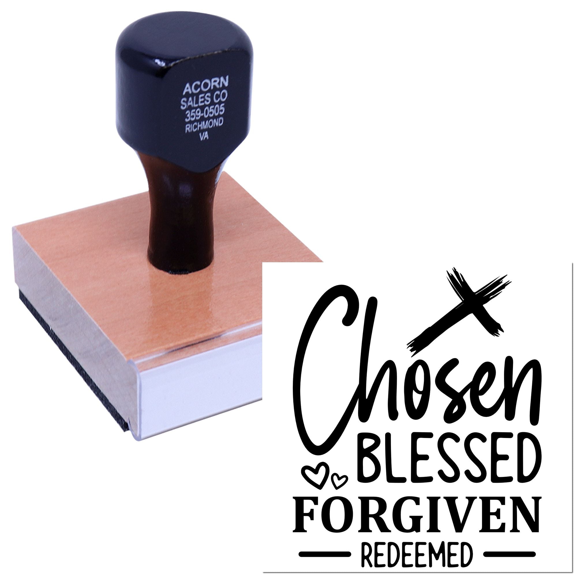 Custom rubber stamp with Chosen, Blessed, Forgiven, Redeemed Christian faith design for paper crafts.