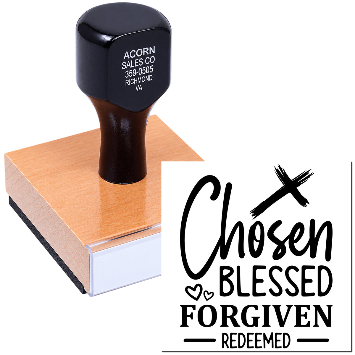 Custom rubber stamp with Chosen, Blessed, Forgiven, Redeemed Christian faith design for paper crafts.