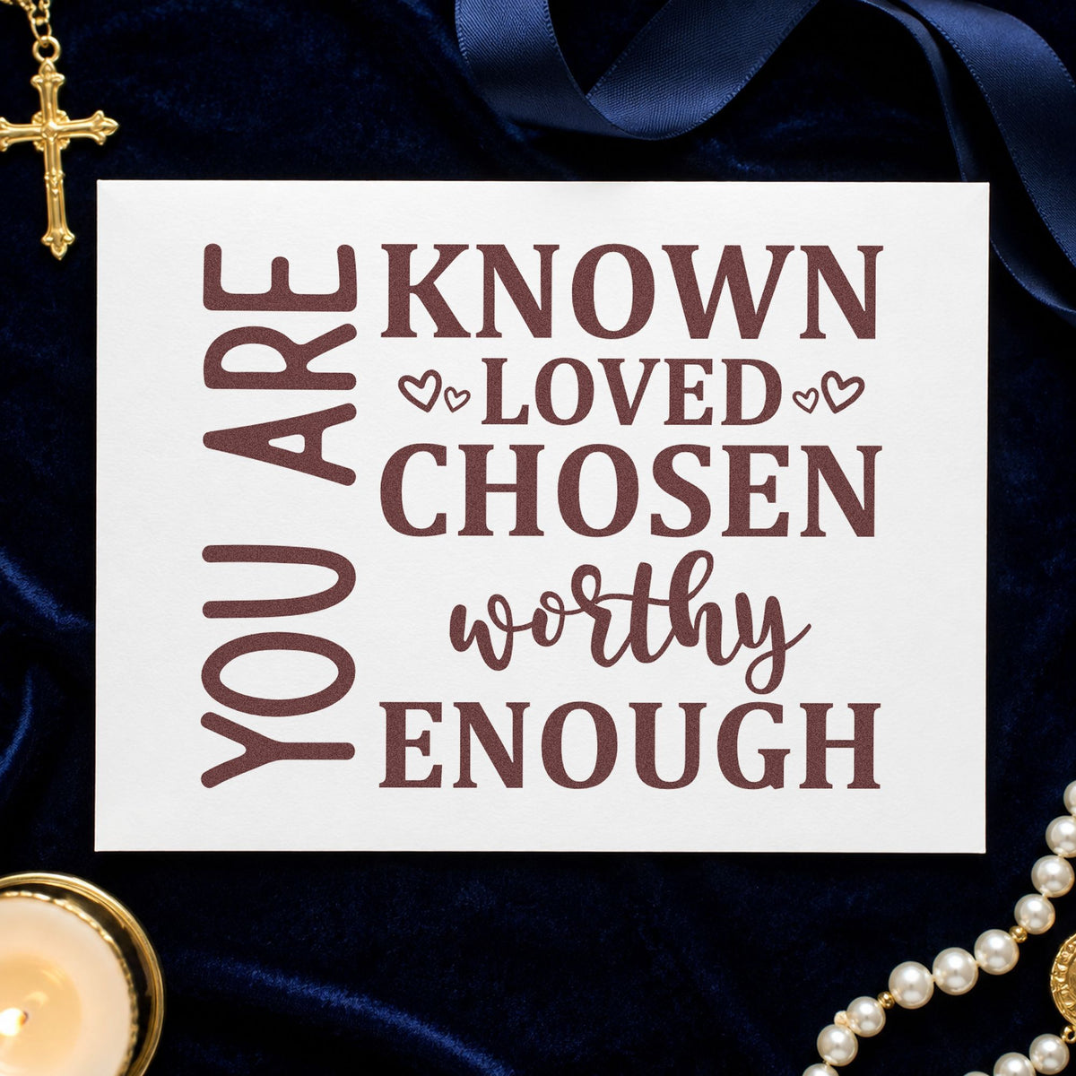 You Are Known Loved Chosen rubber stamp printed in brown ink, ready for school photo pages and similar paper crafts.