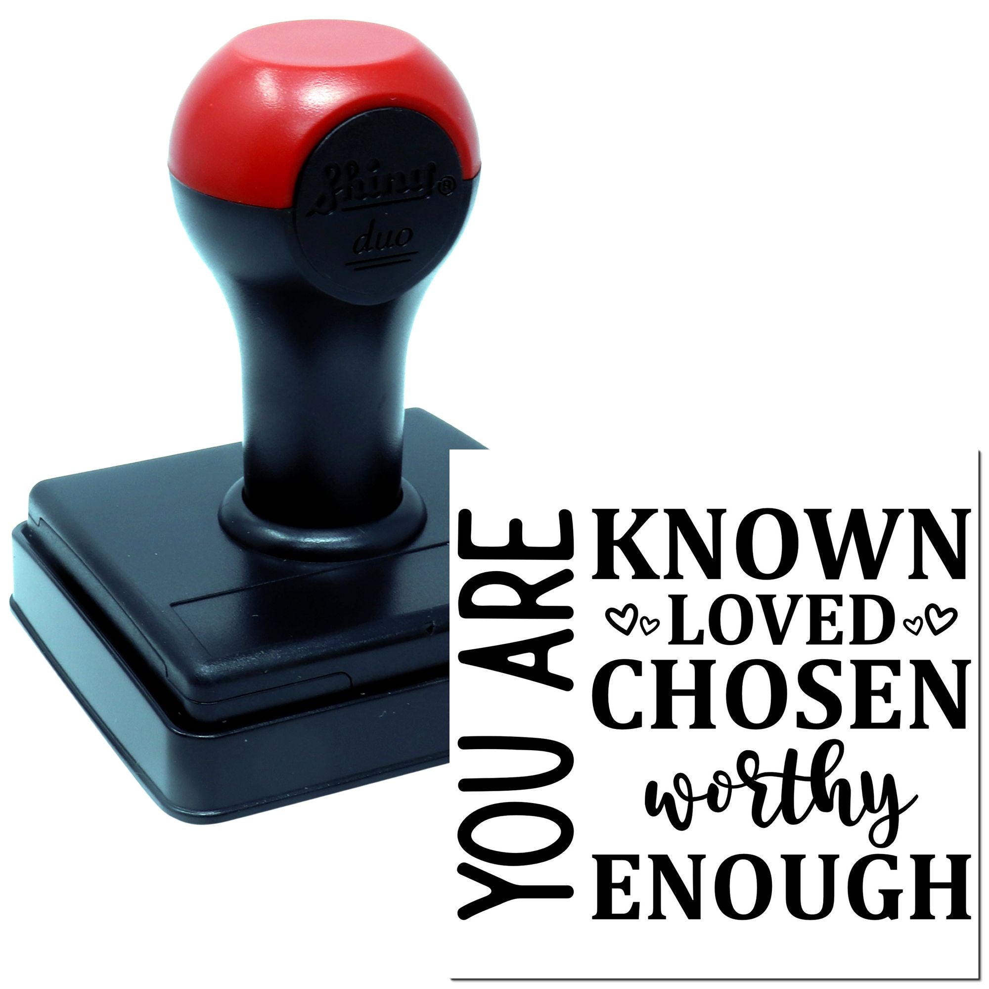 Self-inking rubber stamp with You Are Known, Loved, Chosen, Worthy, Enough inspirational message for faith-based crafts and gifts.