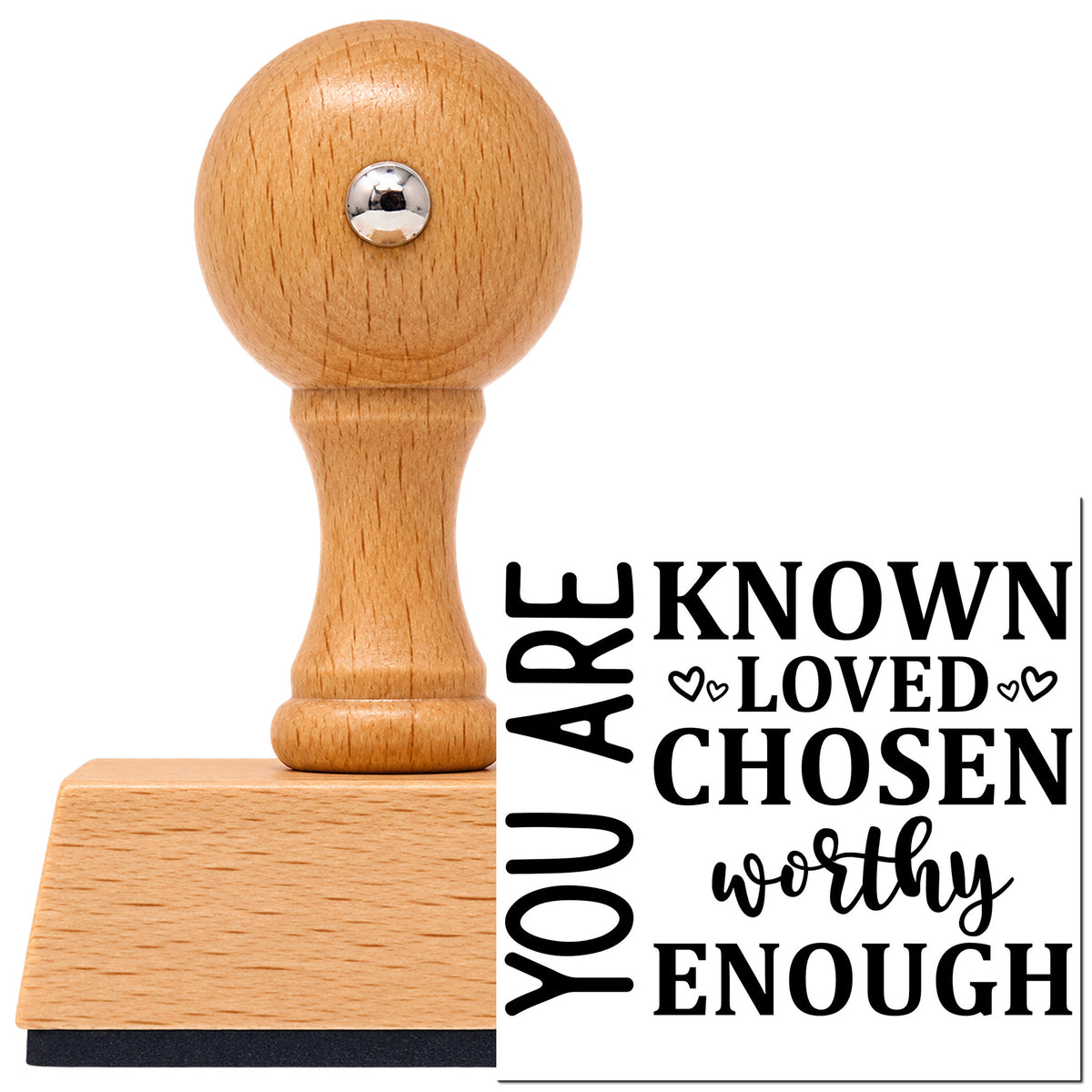 Known, Loved, Chosen, Worthy, Enough Vintage Pro rubber stamp in European beech wood with a round knob handle, shown beside its black imprint.