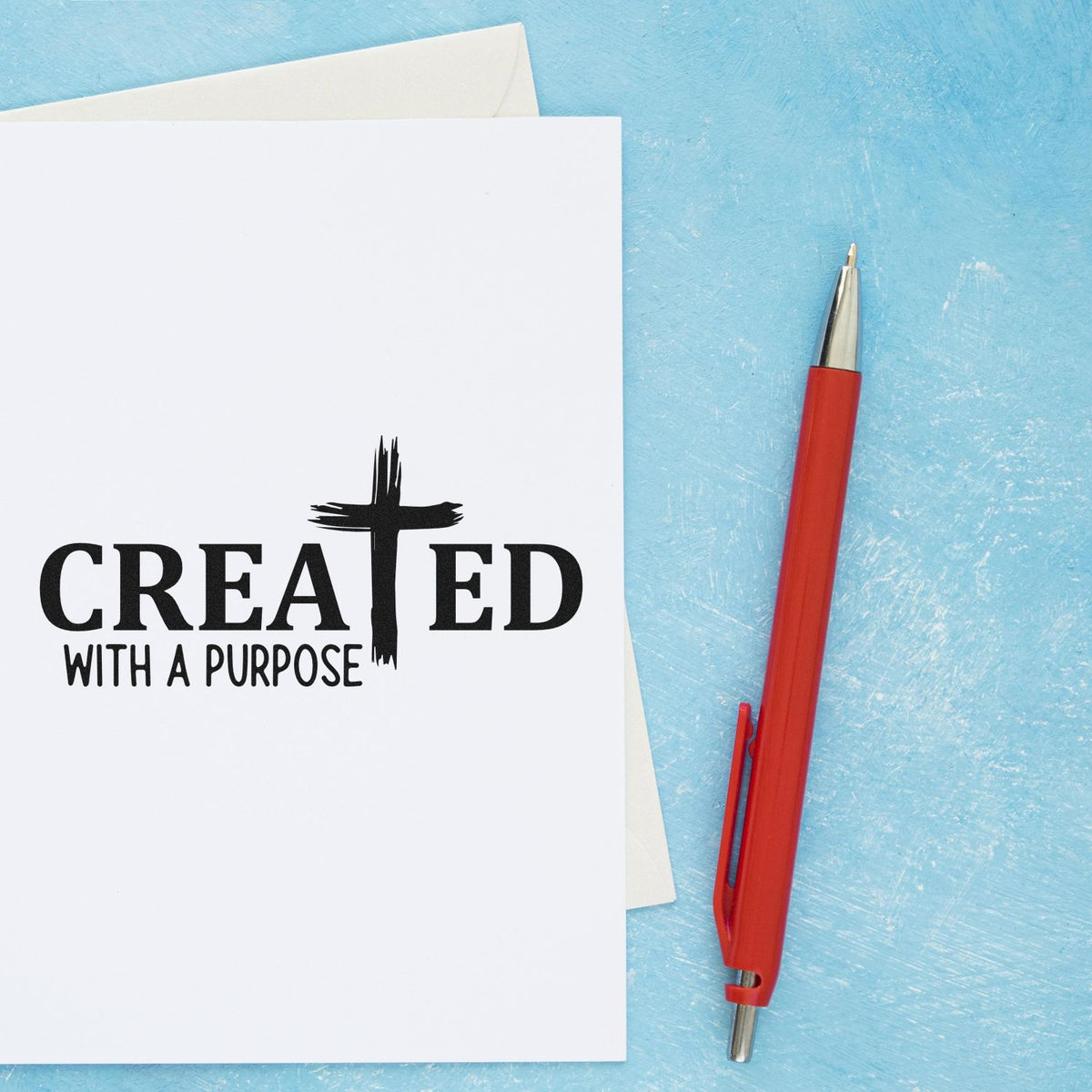 Created With A Brushstroke Cross Premium Wooden Stamp - Vintage Pro imprint stamped in black ink. A brushstroke cross replaces the T in "Created," above "With a purpose."