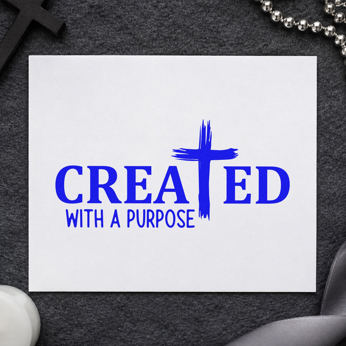 Created Brushstroke Cross craft stamp in blue ink on cardstock, an easy option for canvas totes.