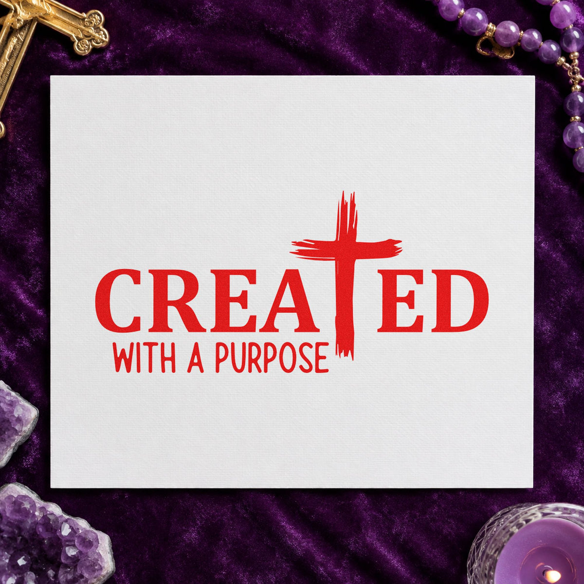 Created Brushstroke Cross rubber stamp shown in red ink, stamped for projects such as youth camp tees.