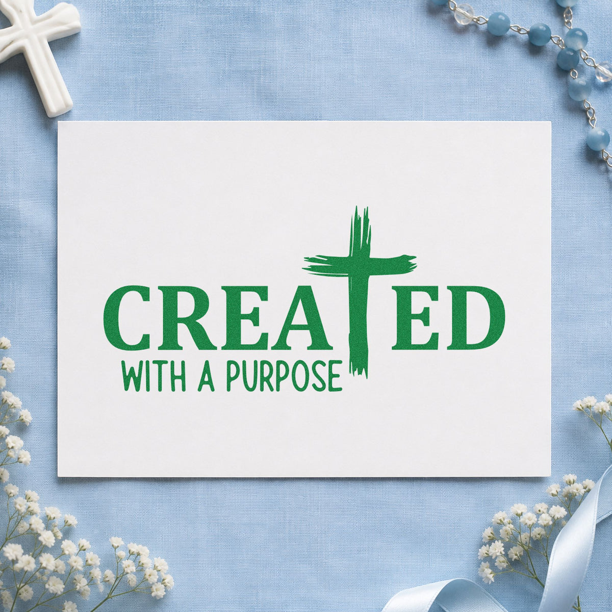 Created Brushstroke Cross craft stamp imprint in green ink on a handmade project, one idea being framed kids' room art.