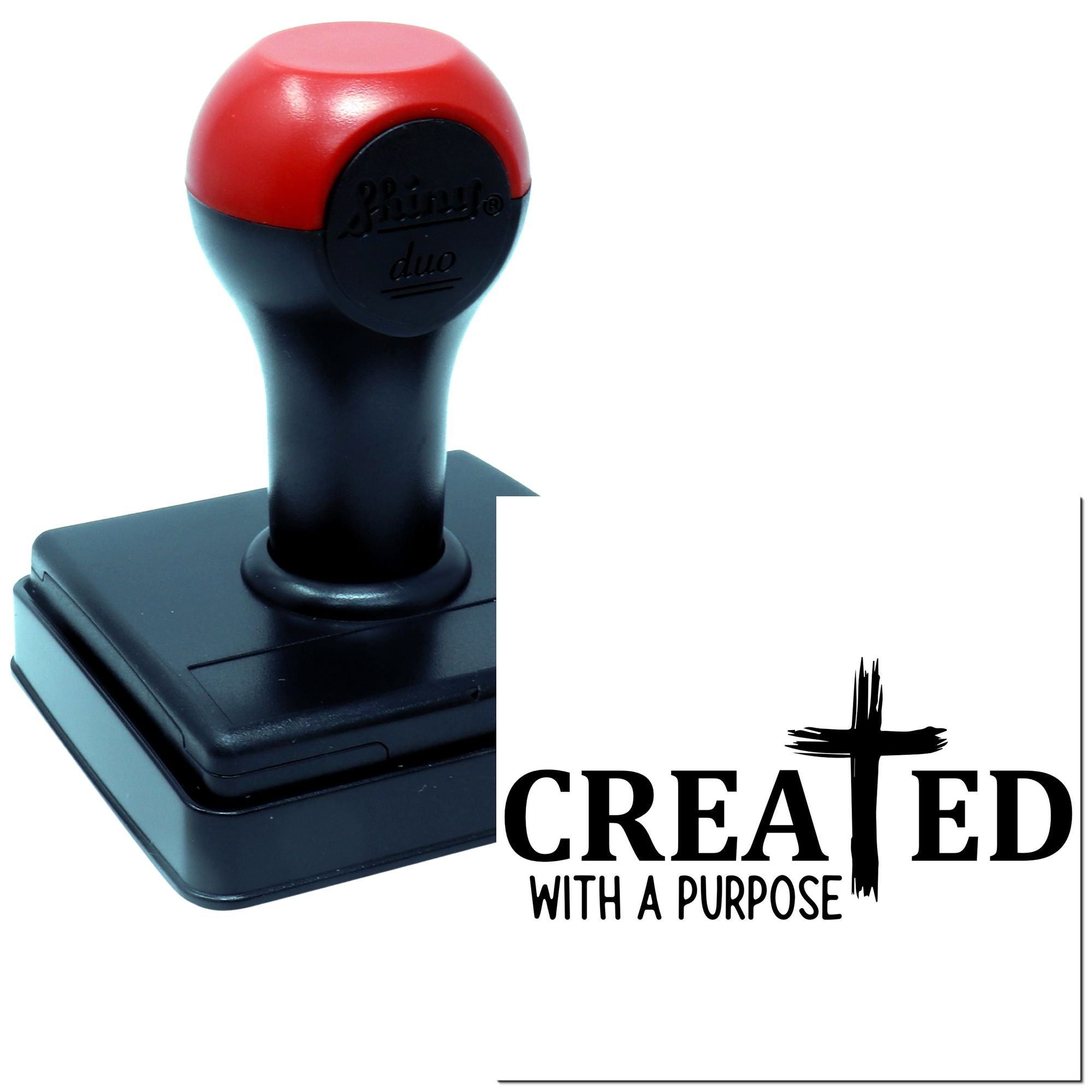 Custom self-inking rubber stamp with Created With a Purpose Christian cross logo.