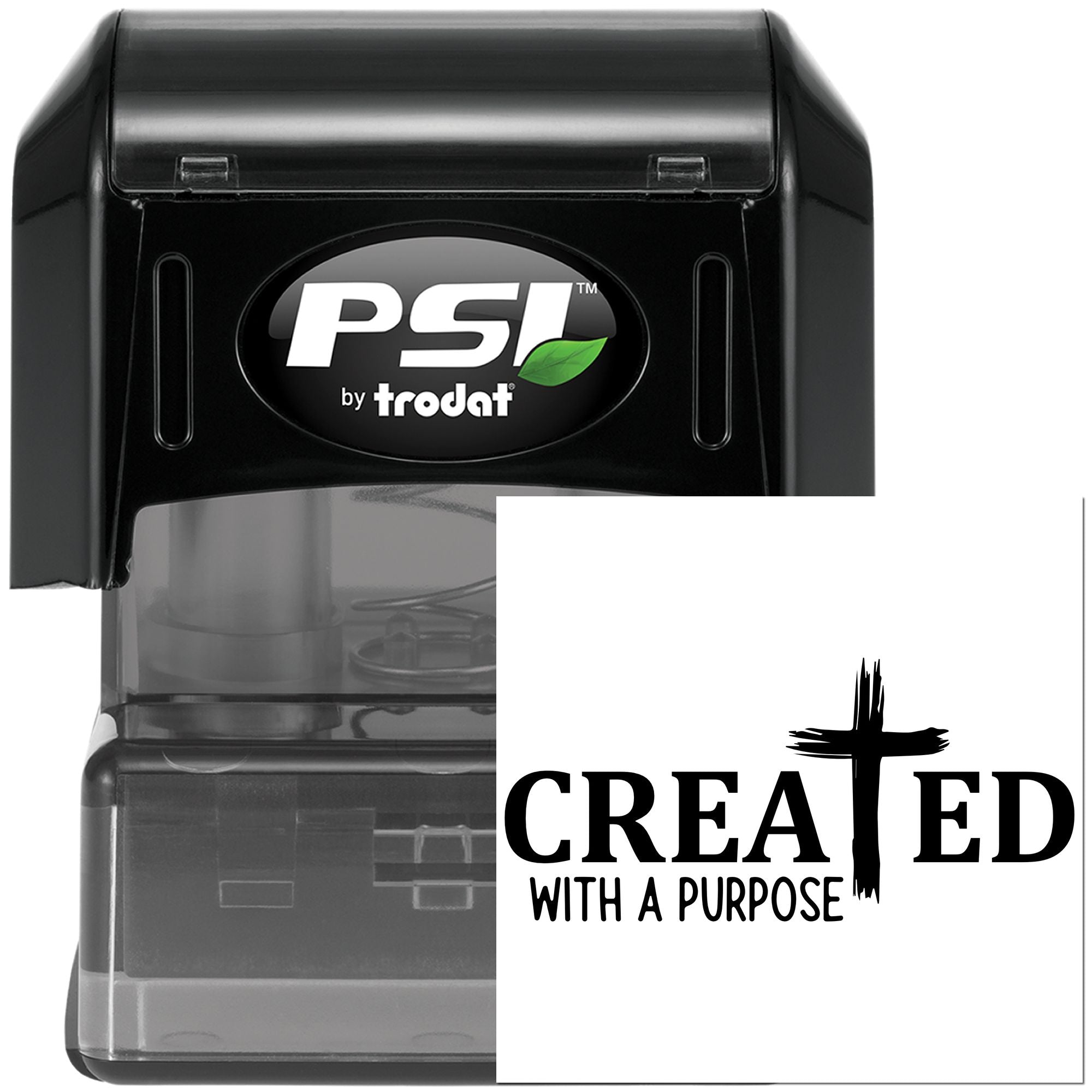 PSI by Trodat self-inking rubber stamp with Created with a Purpose design for custom branding and craft projects.