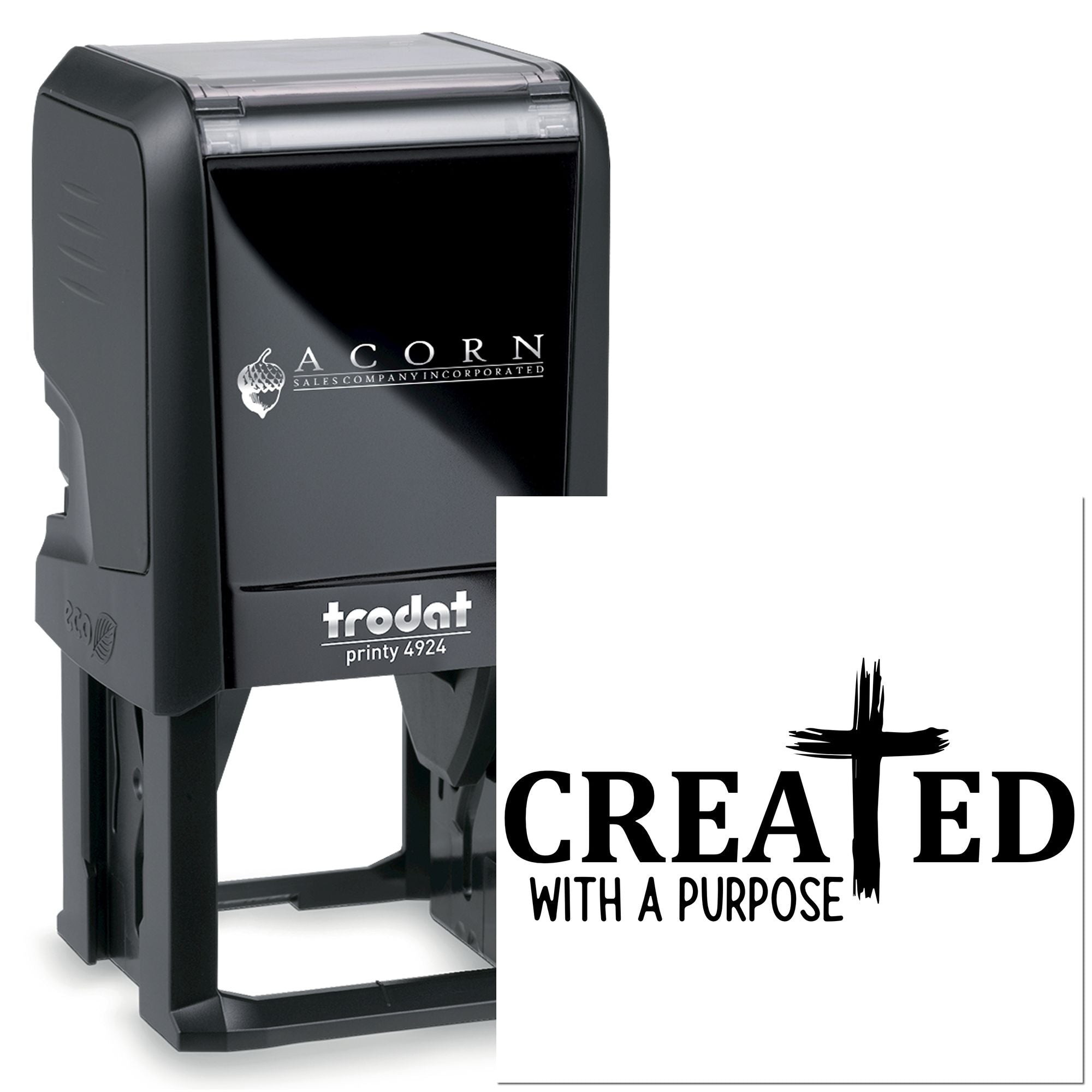 Custom Trodat Printy 4924 self-inking rubber stamp with Created with a Purpose Christian design