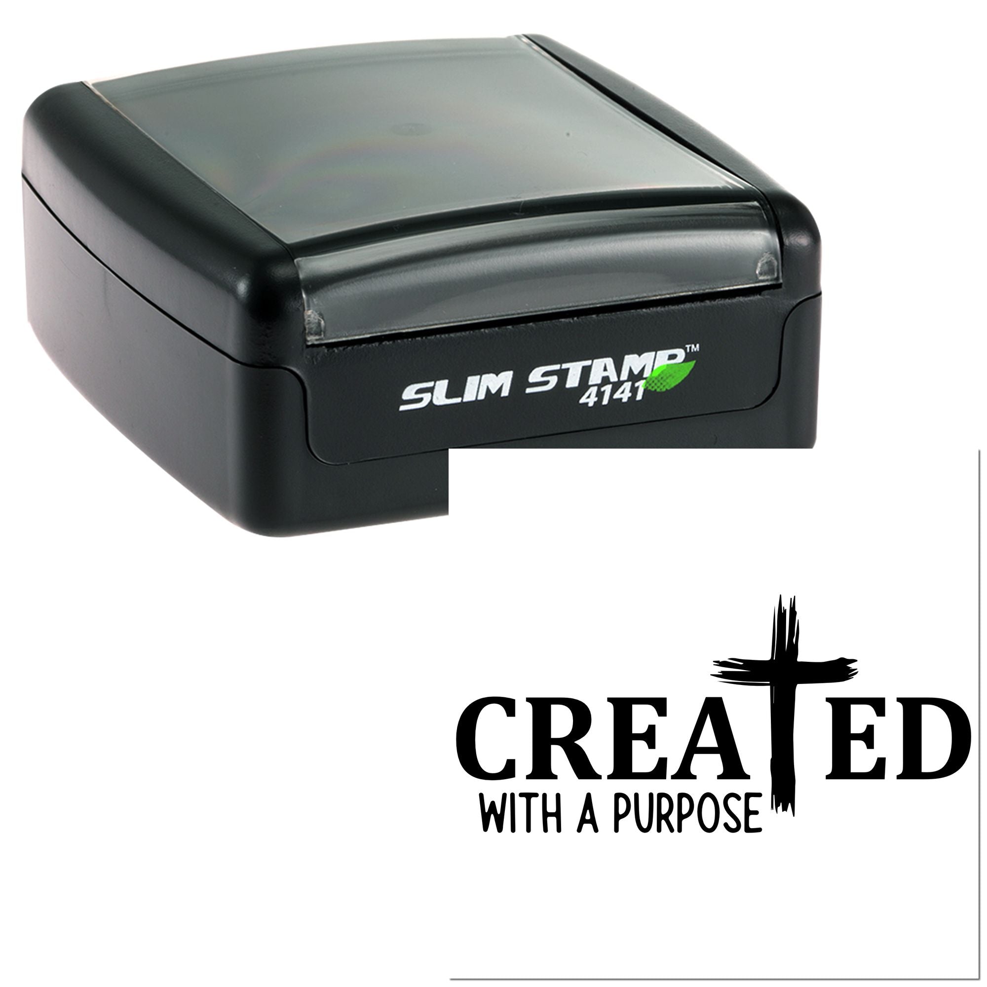 Self-inking rubber stamp with Created with a Purpose imprint for inspirational Christian crafts, cards, and packaging.