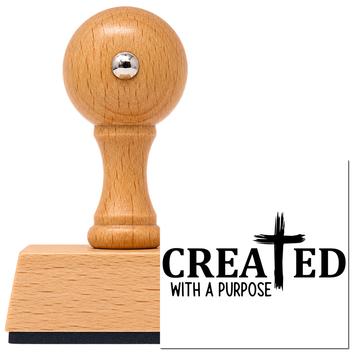Created With A Brushstroke Cross Vintage Pro rubber stamp in European beech wood with a round knob handle, shown beside its black imprint.