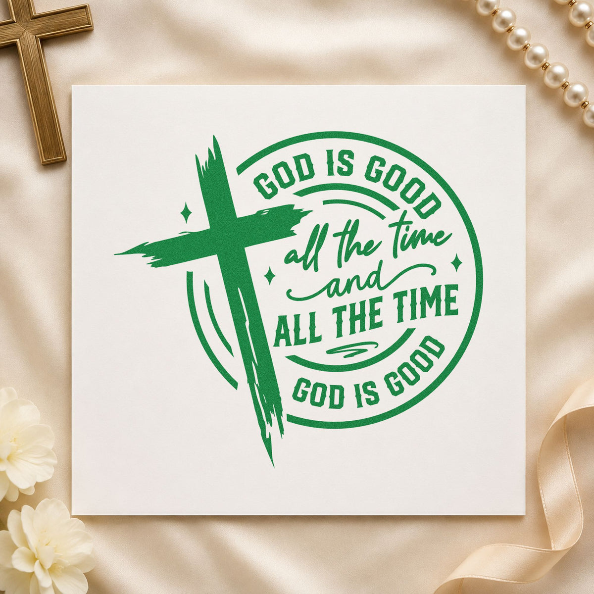 God Is Good Cross Circle craft stamp imprint in green ink on a handmade project, one idea being potluck dish labels.