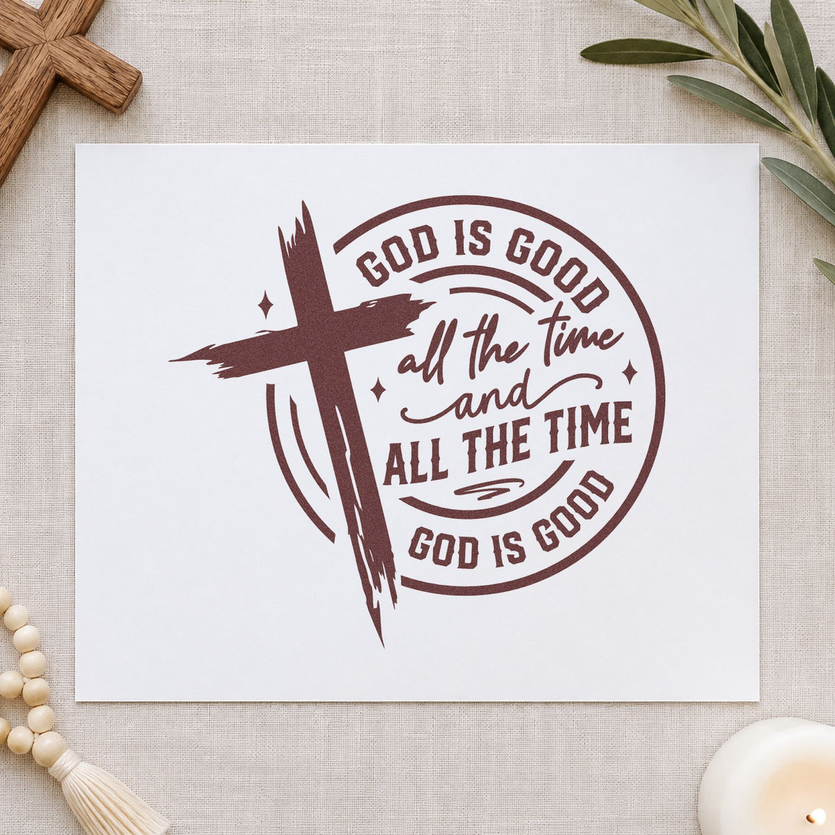 God Is Good Cross Circle rubber stamp printed in brown ink, ready for praise pages and similar paper crafts.