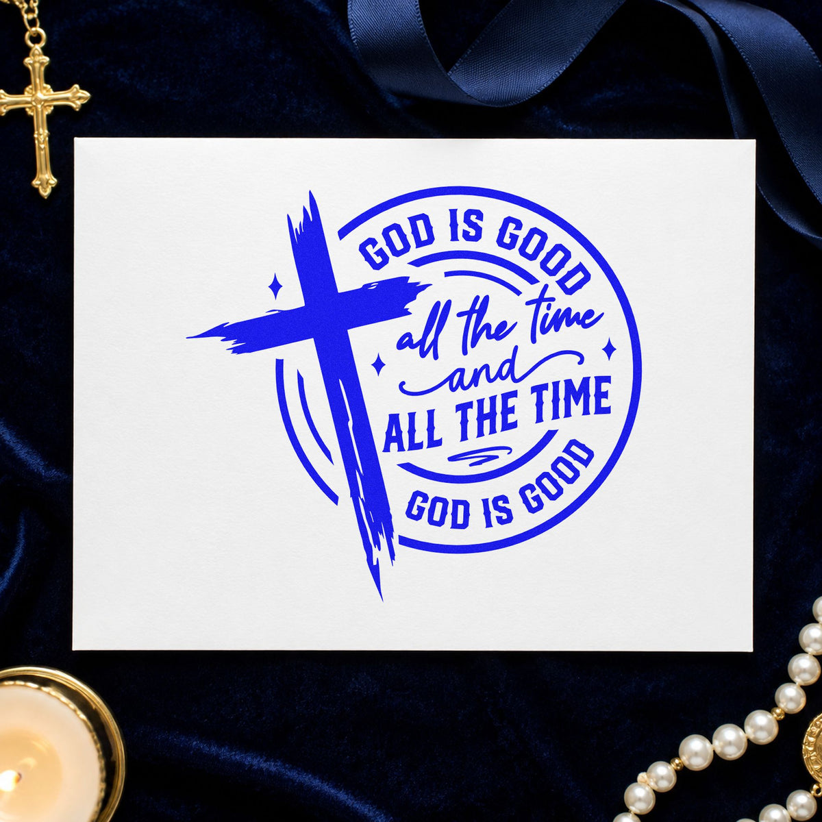 God Is Good Cross Circle craft stamp in blue ink on cardstock, an easy option for coasters.