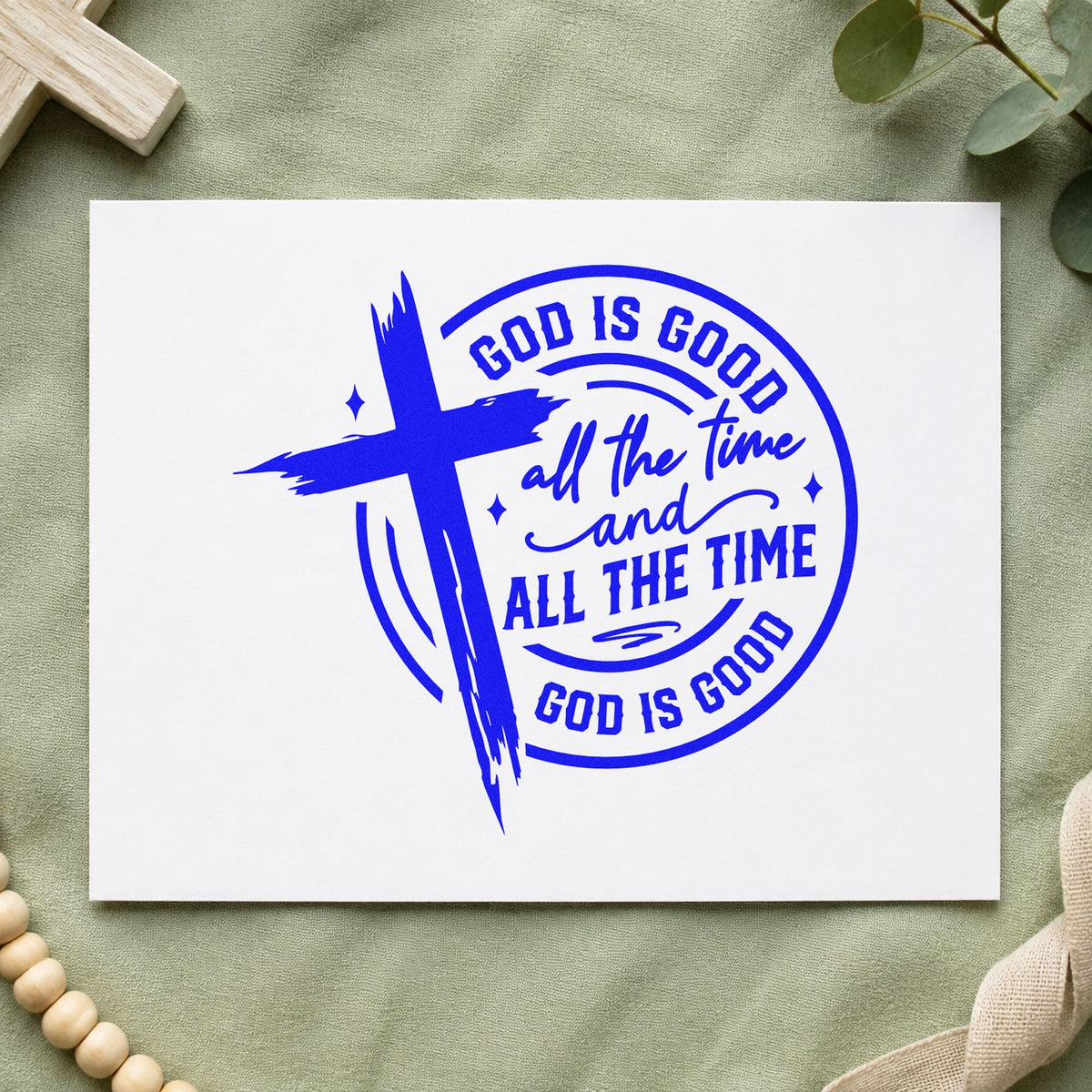 God Is Good Cross Circle craft stamp imprinted in blue ink on paper, a design suited to tee transfers.