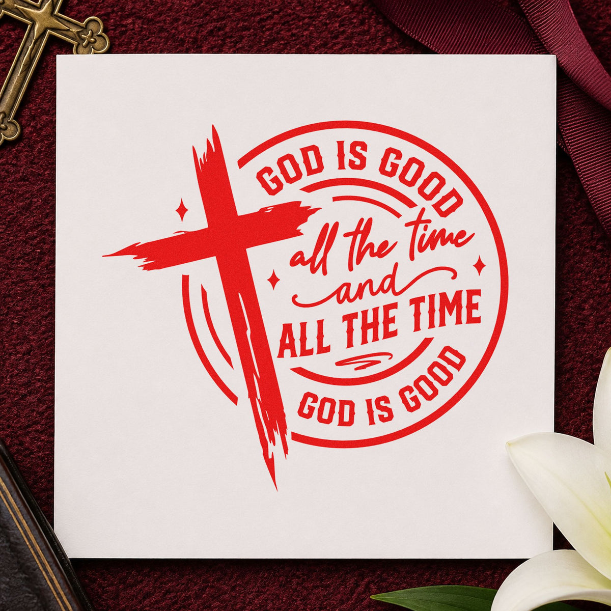 God Is Good Cross Circle rubber stamp shown in red ink, stamped for projects such as jam jar lids.