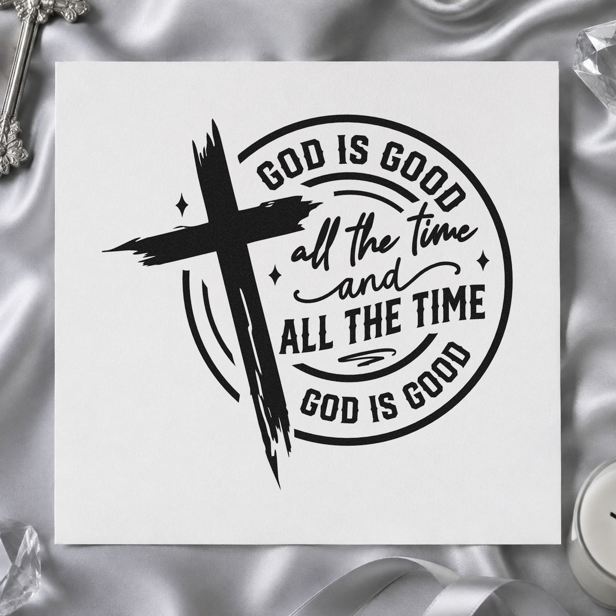 God Is Good Cross Circle rubber stamp printed in black ink, ready for brushed circle cards and similar paper crafts.