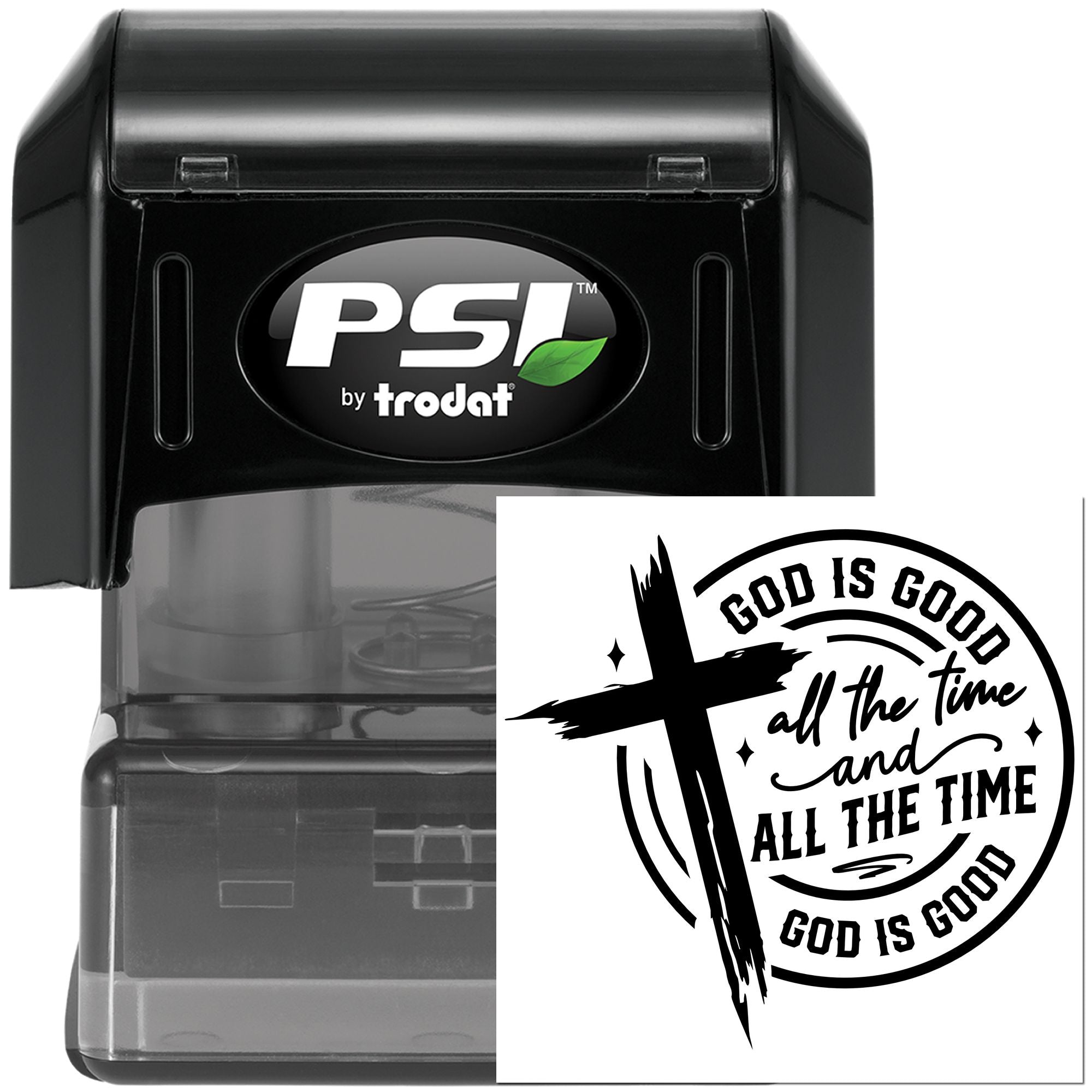 Custom Christian rubber stamp, PSI by Trodat self-inking stamp with God is good all the time design.