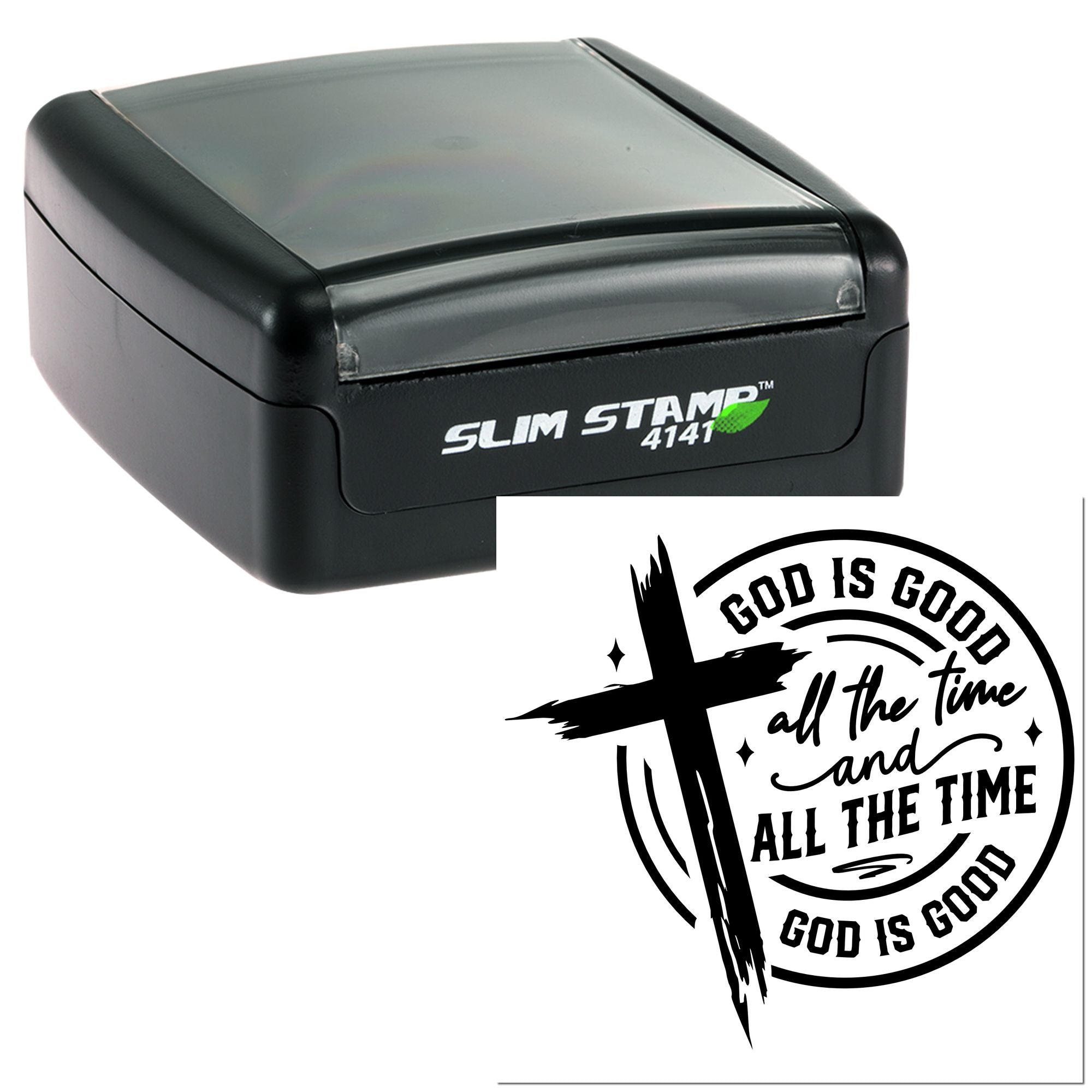 Slim self-inking rubber stamp with God Is Good All the Time Christian quote design for custom faith-based stamping.