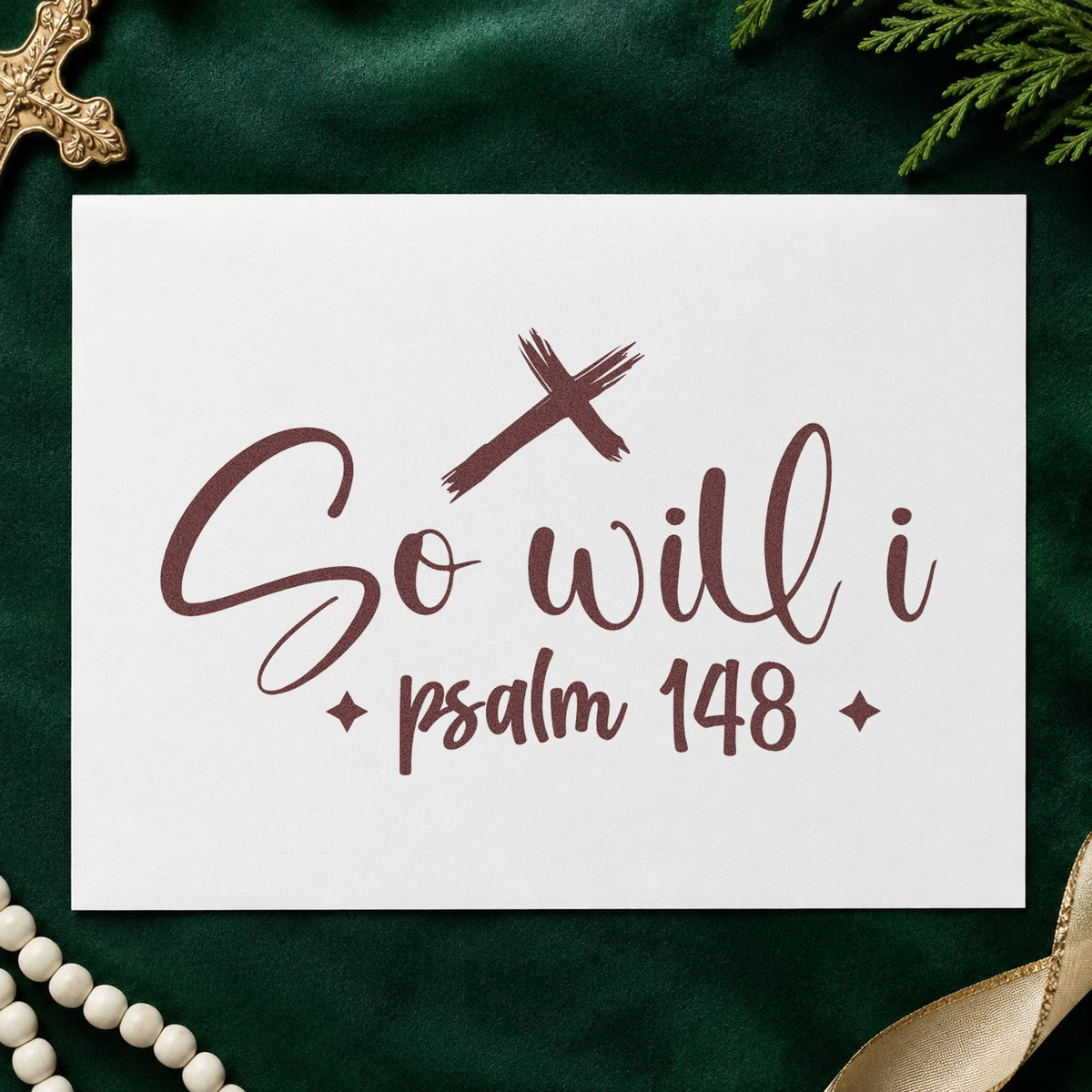 So Will I Cross rubber stamp printed in brown ink, ready for worship pages and similar paper crafts.