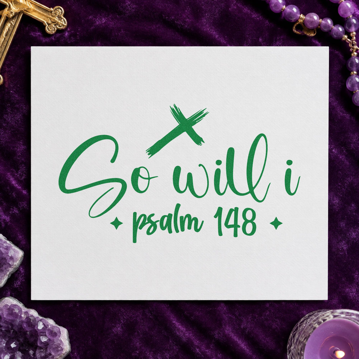 So Will I Cross craft stamp imprint in green ink on a handmade project, one idea being framed music room art.