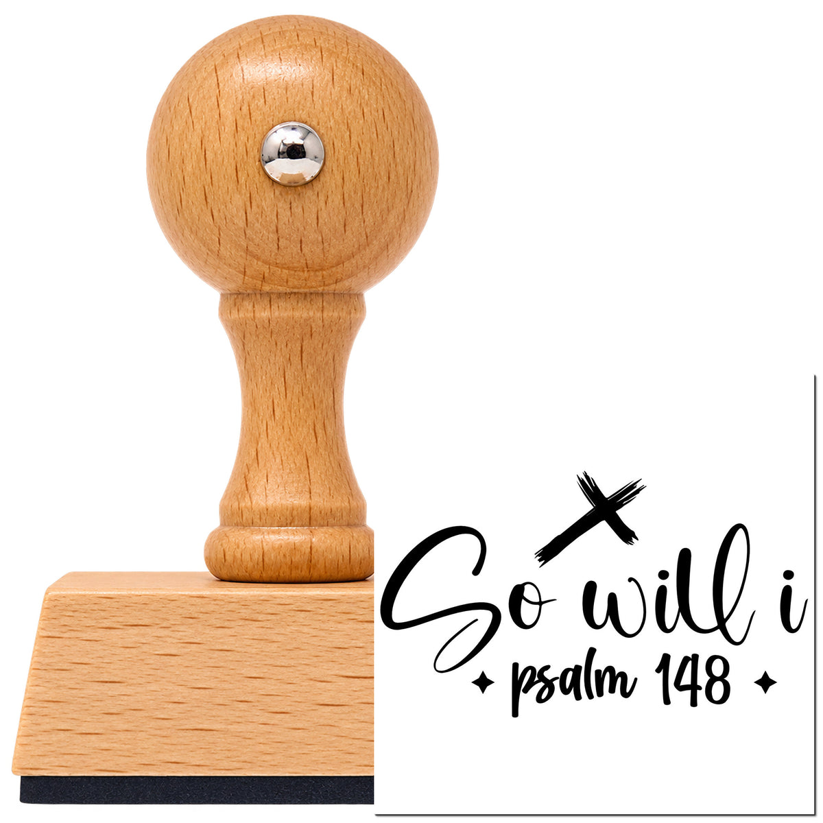 So Will I Cross Script Lettering Vintage Pro rubber stamp in European beech wood with a round knob handle, shown beside its black imprint.