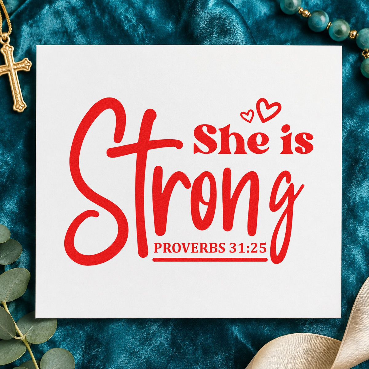 She Is Strong Cross Script rubber stamp shown in red ink, stamped for projects such as single mom notes.