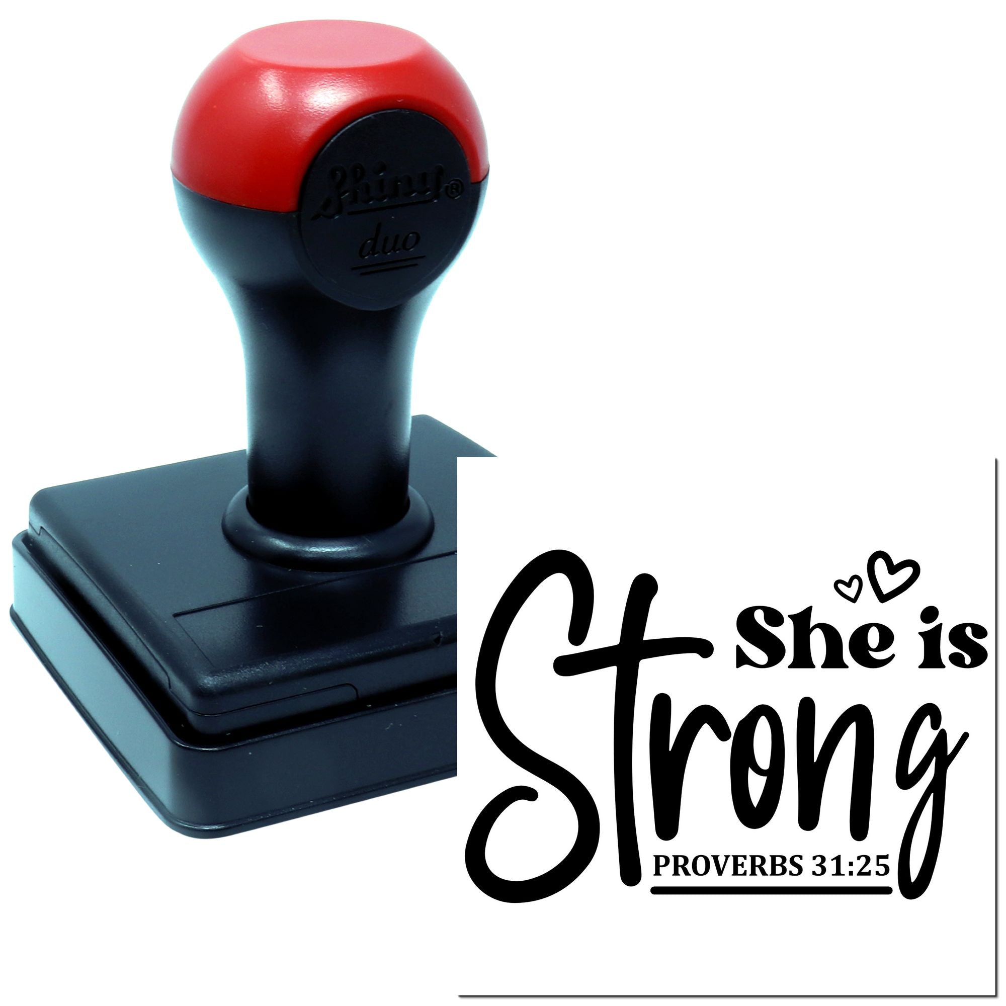Custom self-inking rubber stamp with She is Strong Proverbs 31:25 design for faith-based crafts and stationery.